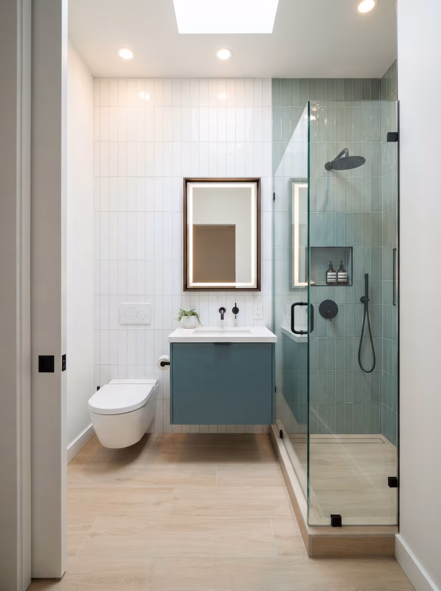 Compact modern bathroom with efficient layout and clean finishes