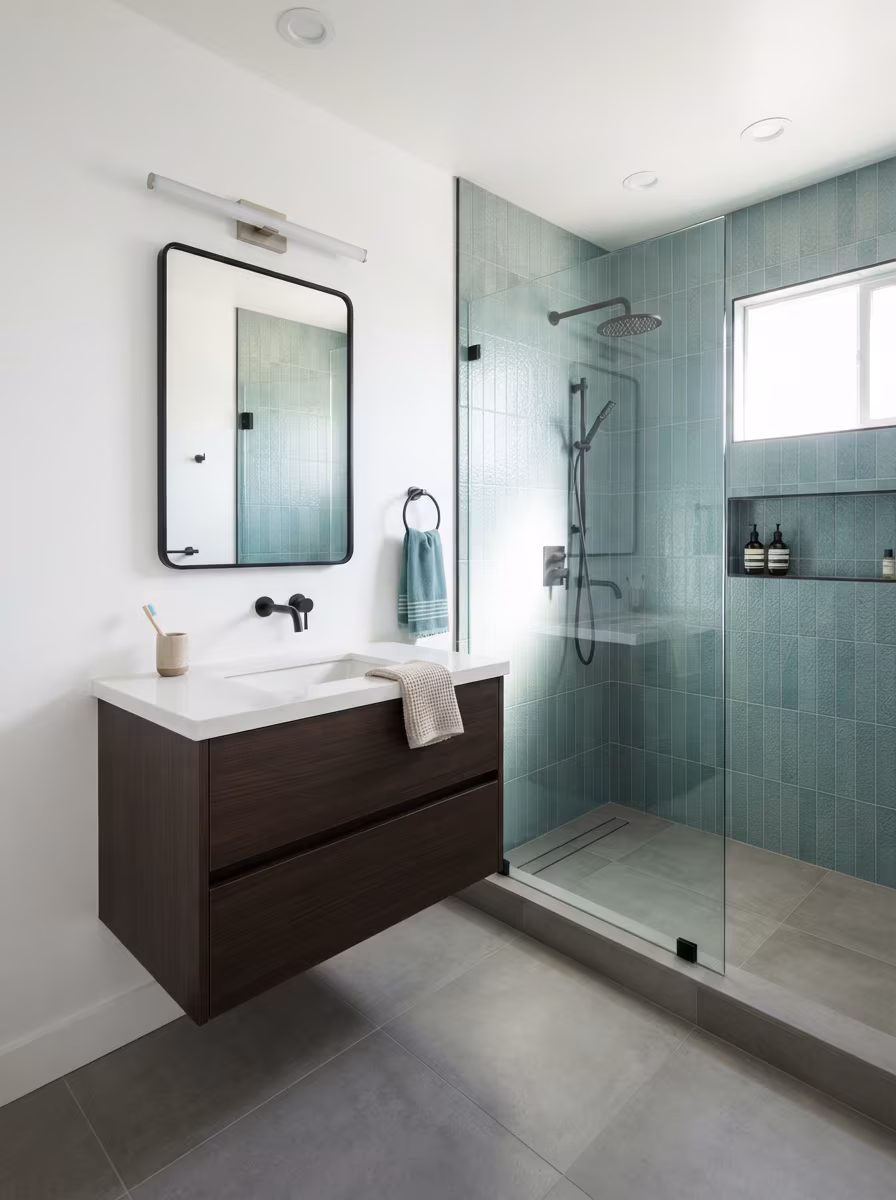 Modern bathroom with clean white sinks and chrome fixtures