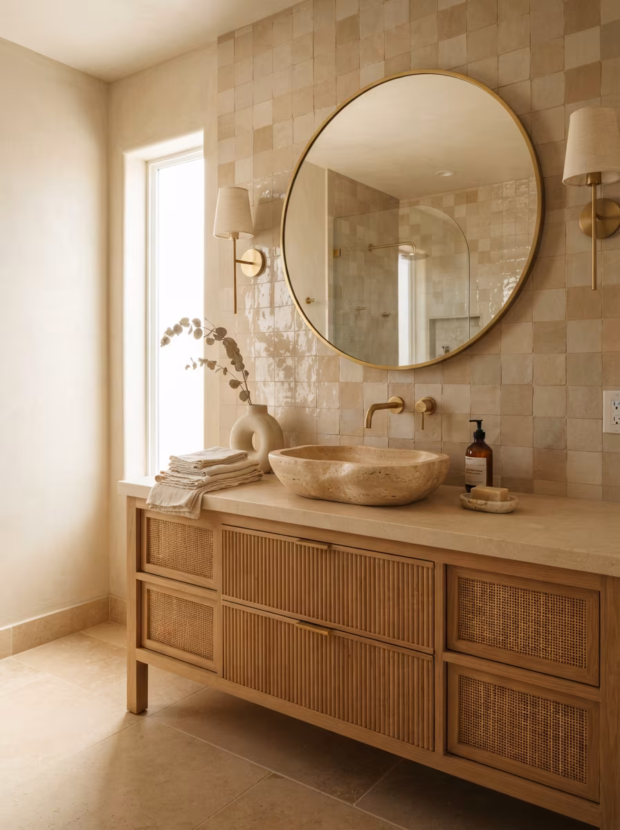 Organic contemporary bathroom with natural textures and warm tones
