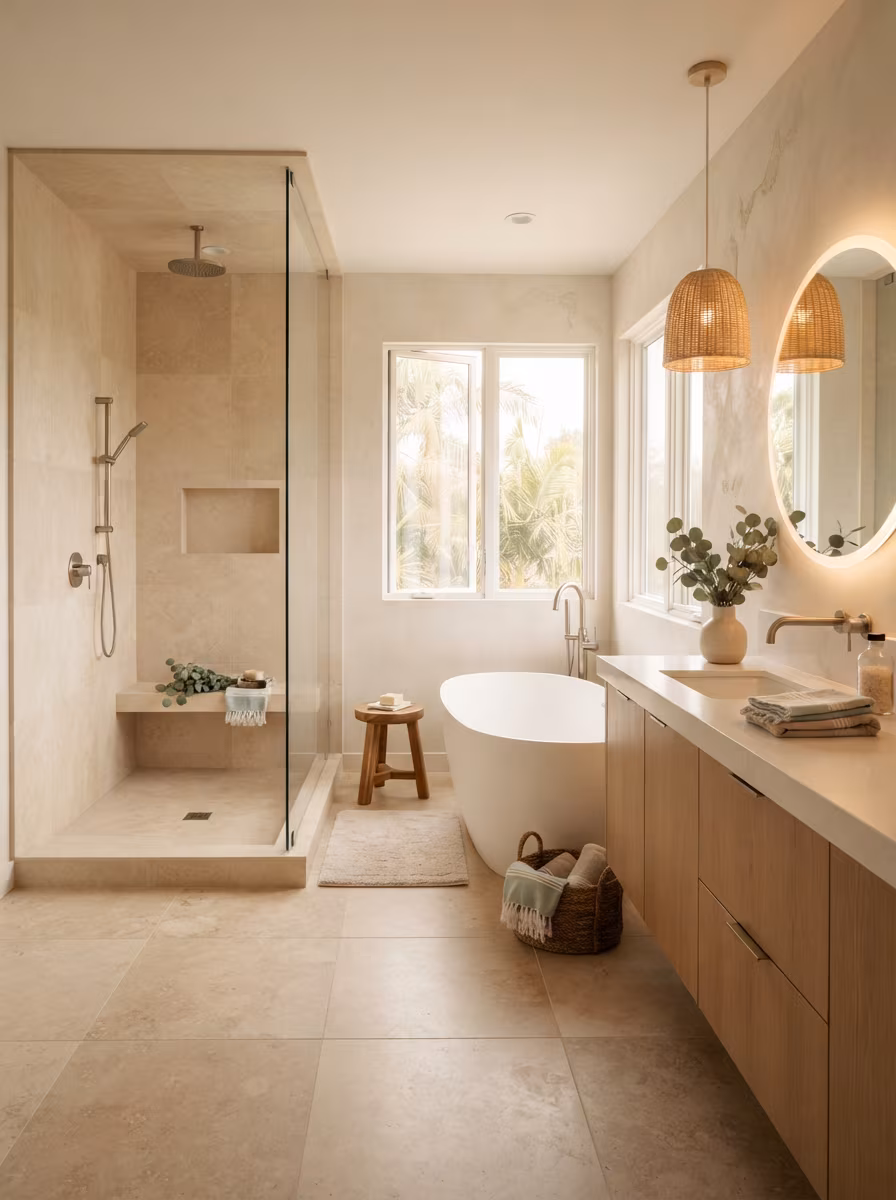 Spa-inspired bathroom with soaking tub and natural materials