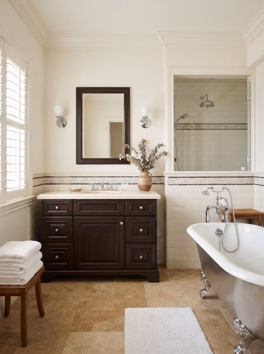 Traditional bathroom with marble design and freestanding bathtub