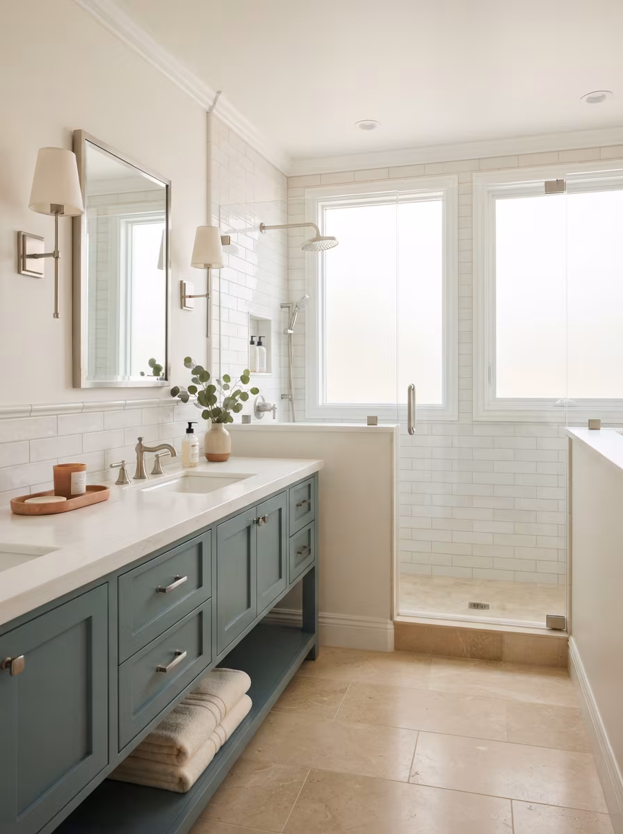 Transitional bathroom with classic proportions and contemporary fixtures