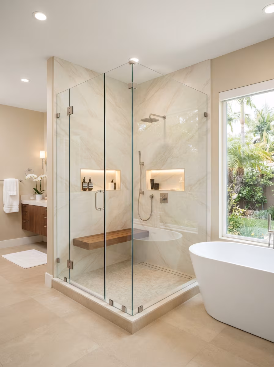 Custom marble walk-in shower with glass doors