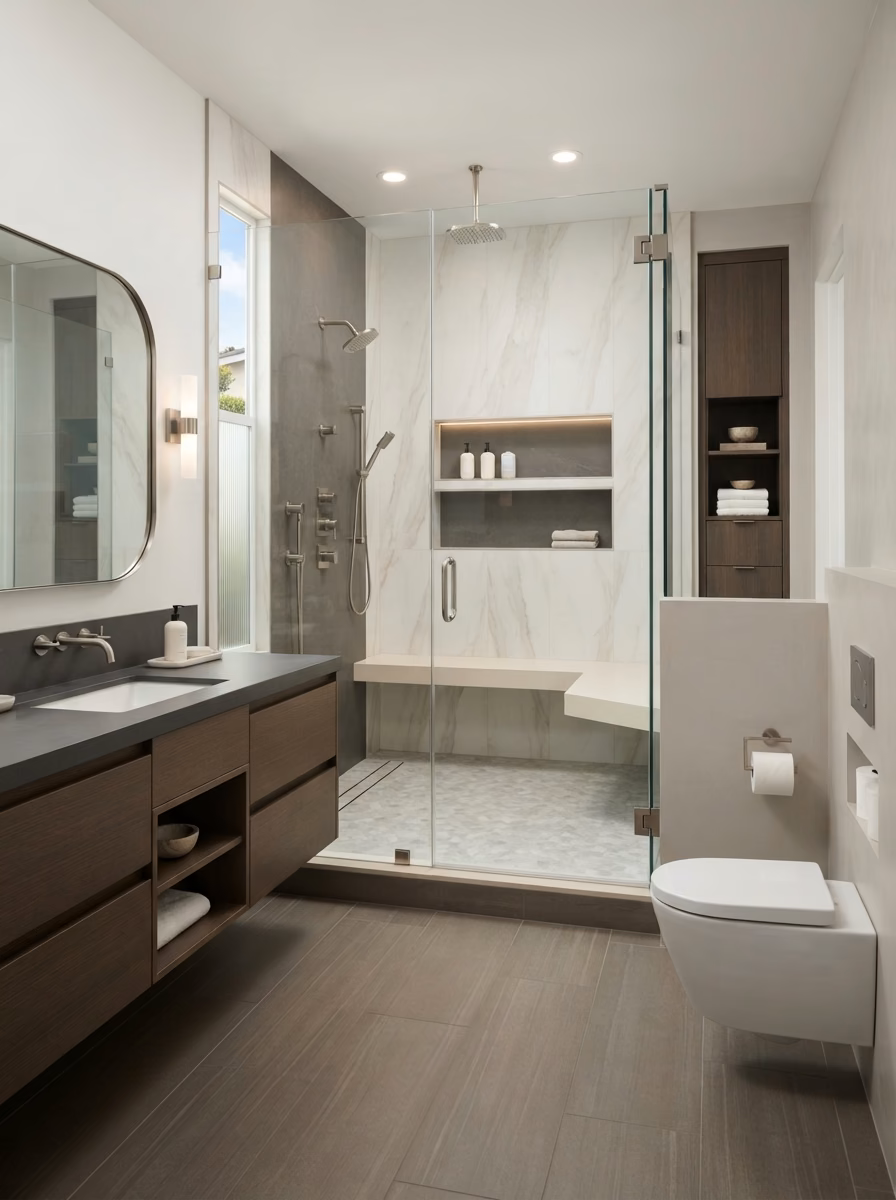 Walk-in shower remodel with glass enclosure