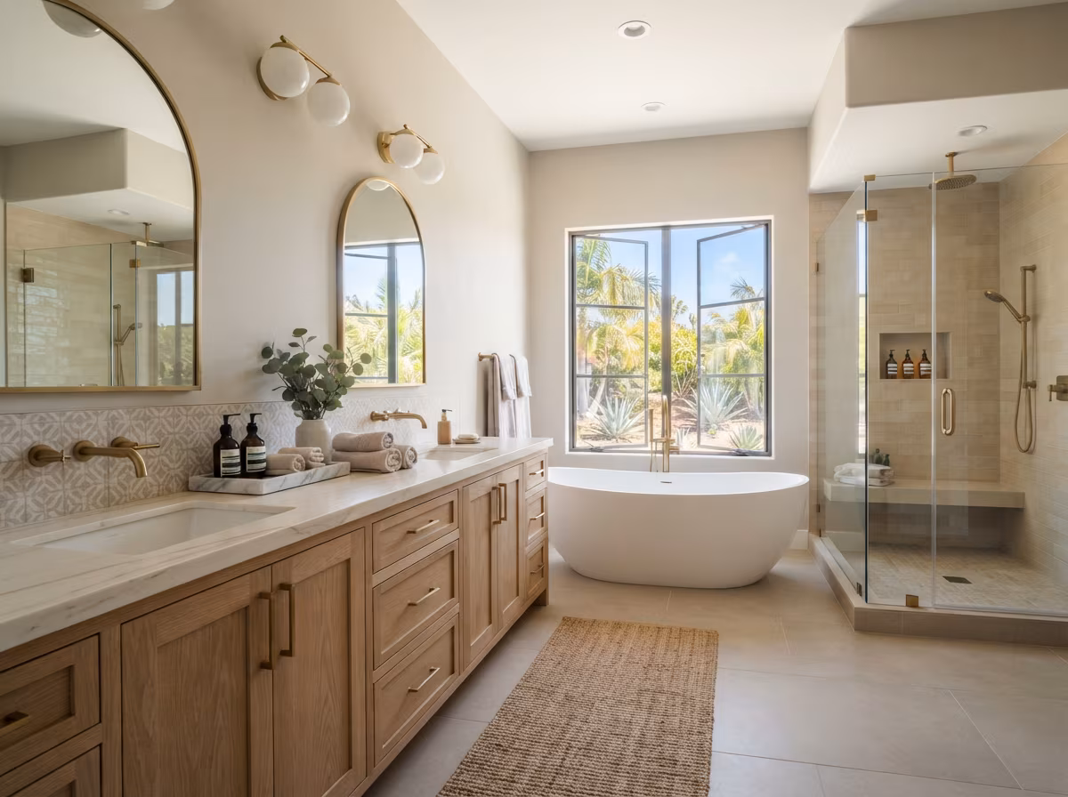 Contemporary double vanity with gray floors