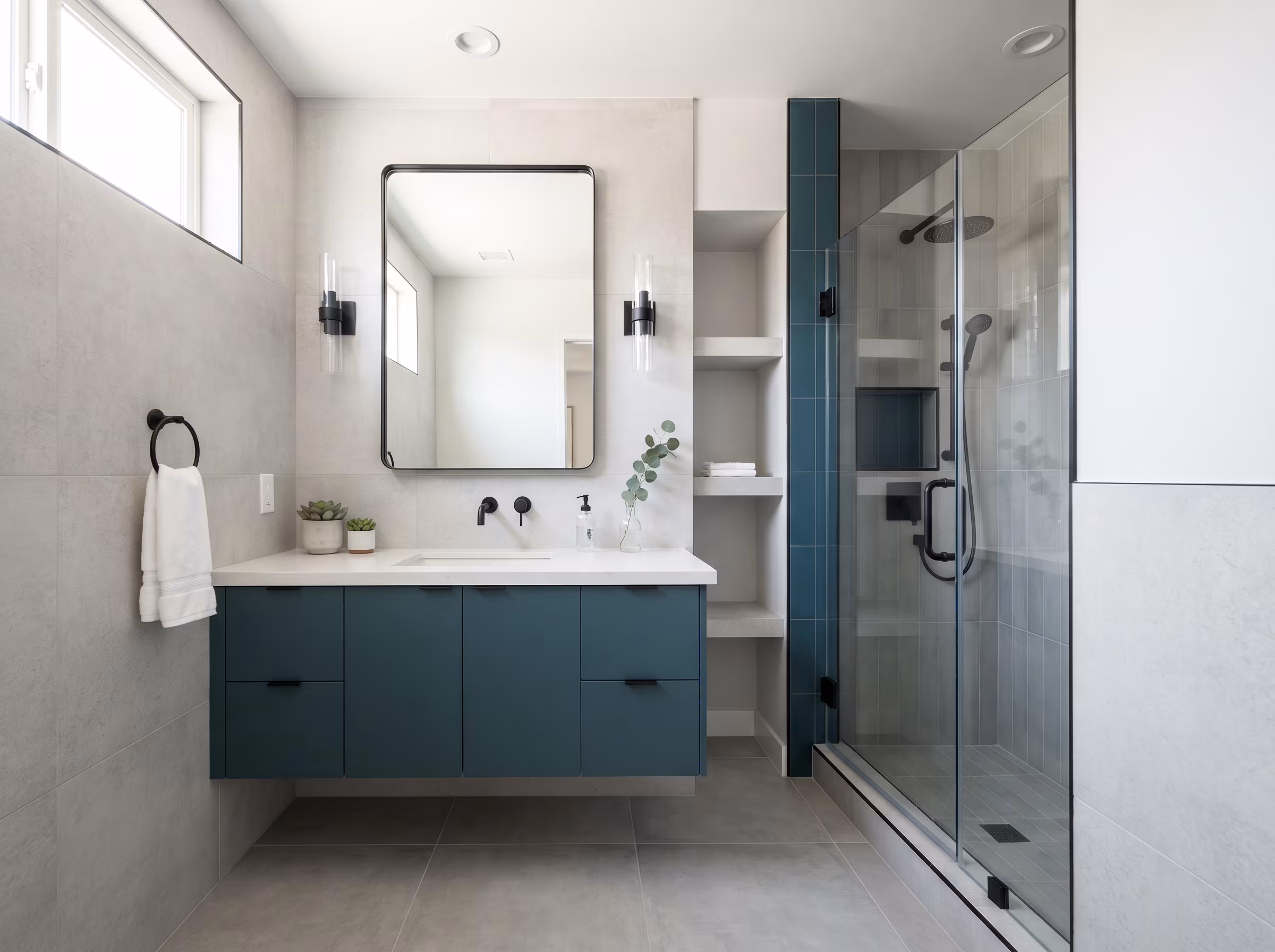 Compact urban bathroom with efficient layout and clean finishes