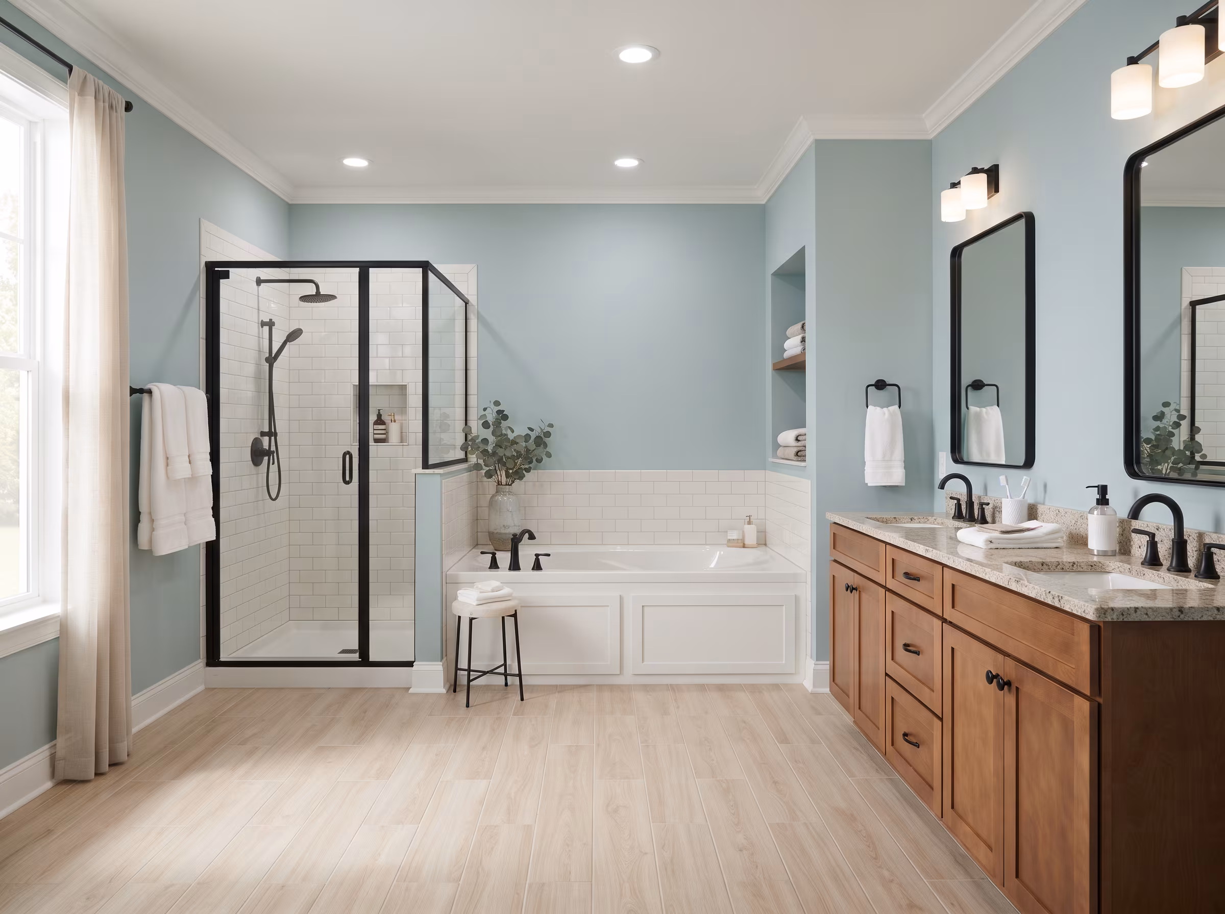 Spacious modern bathroom featuring a freestanding bathtub, wooden cabinets, and granite countertops