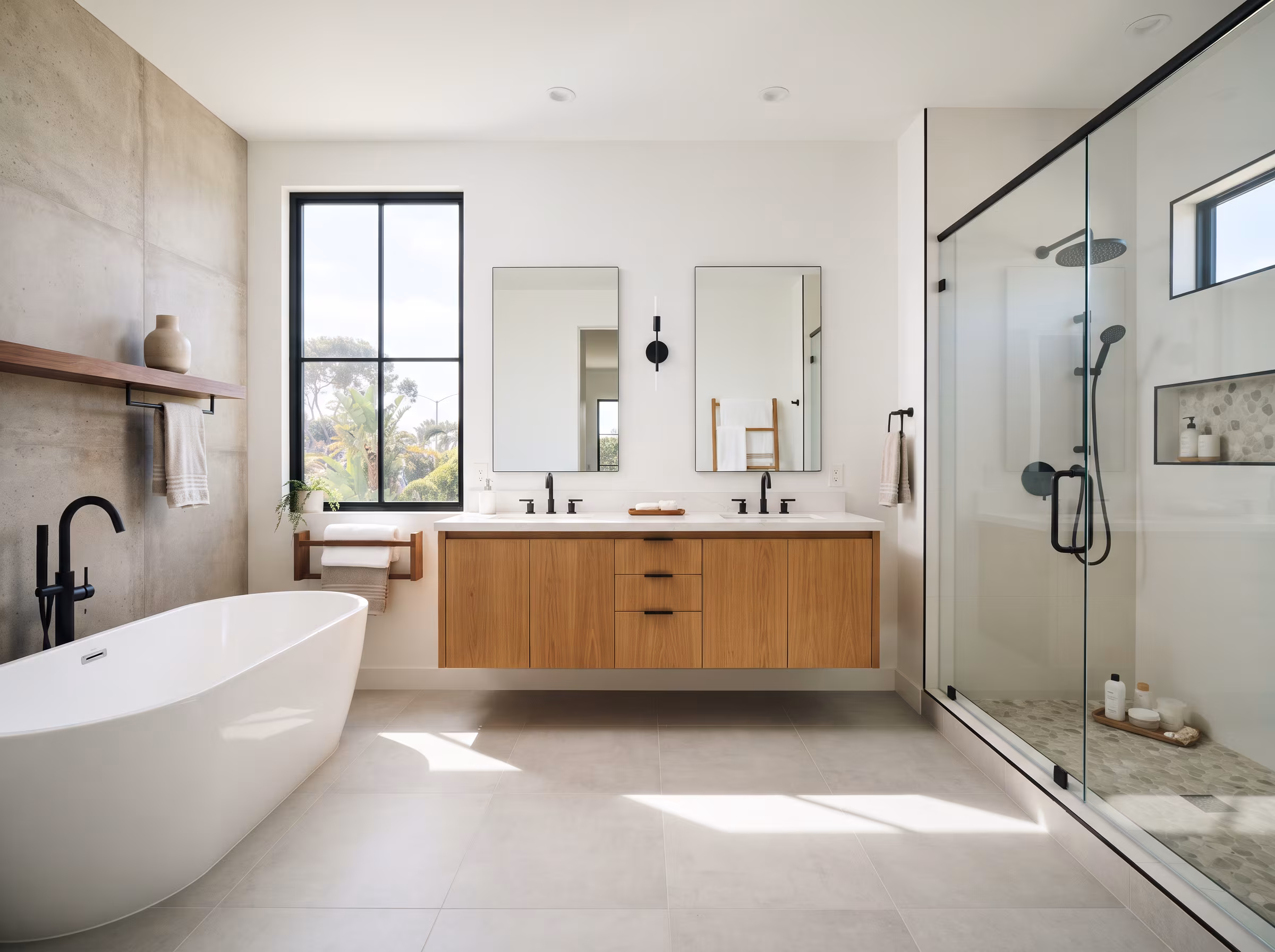 Modern bathroom with clean white sinks and chrome fixtures