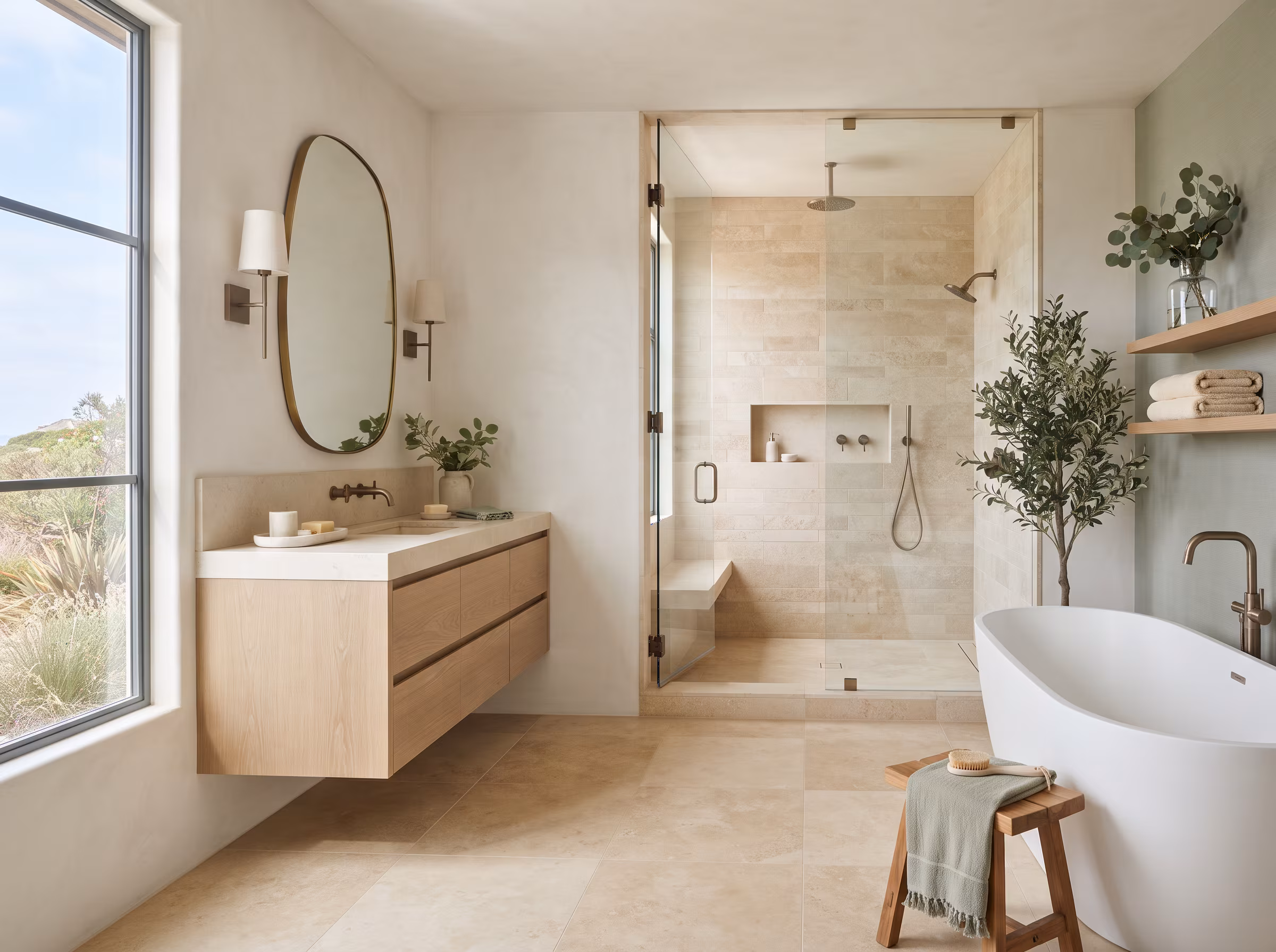 Organic contemporary bathroom with warm natural textures