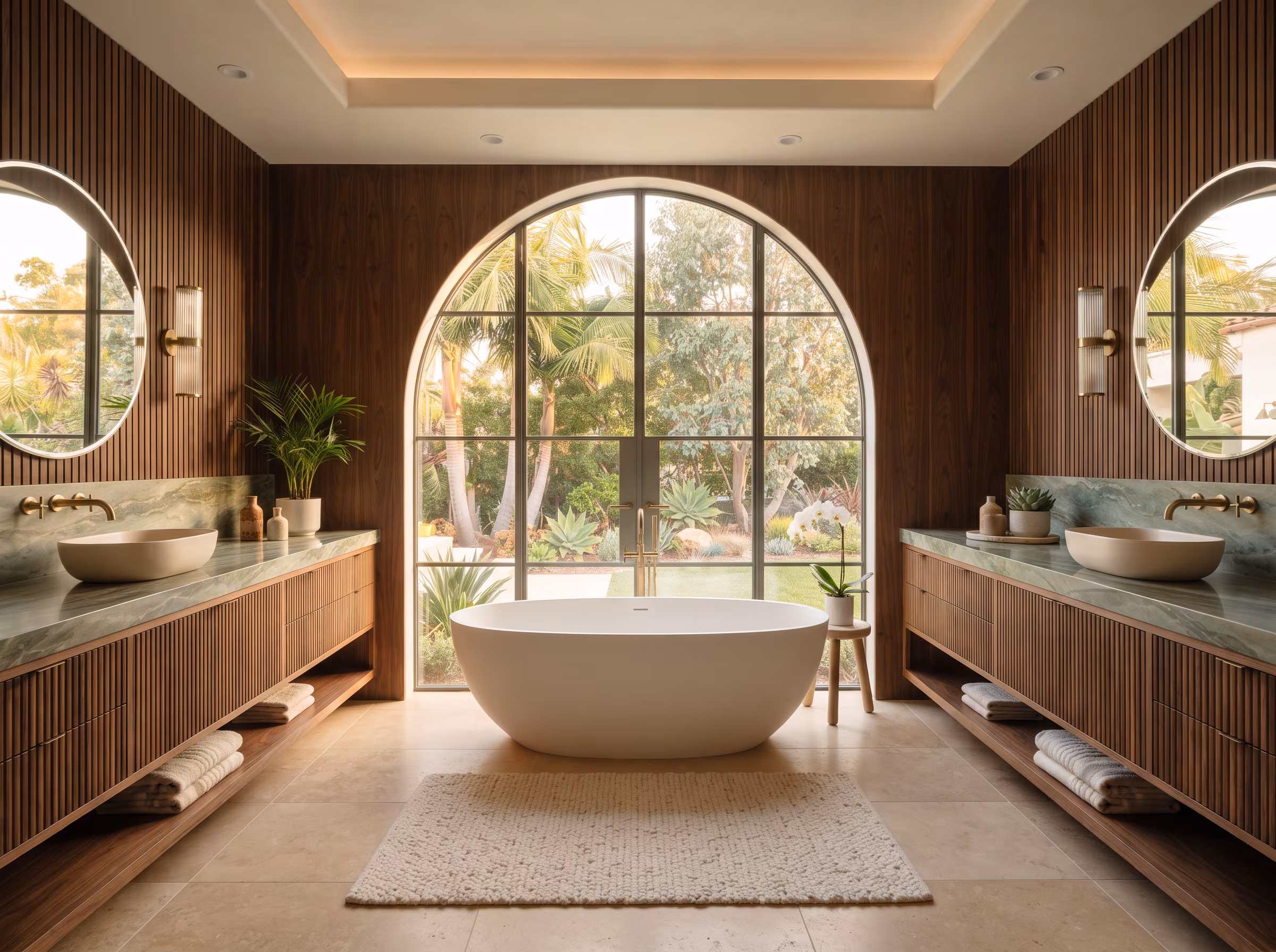 Spa-inspired bathroom with soaking tub and natural materials