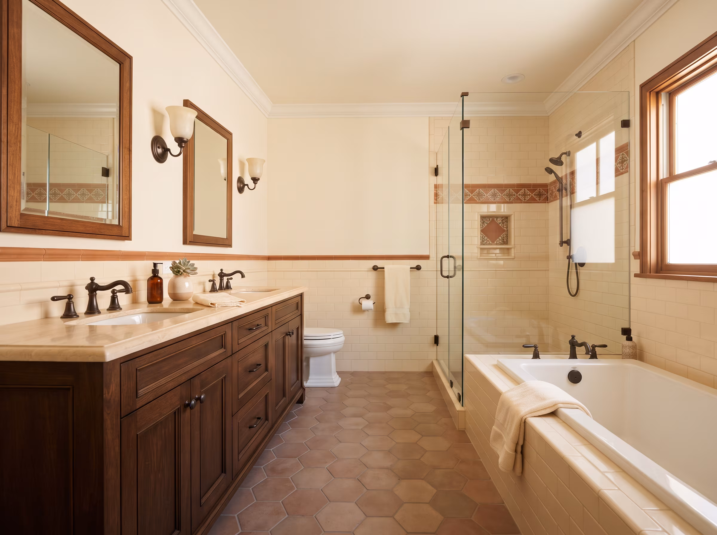 Traditional bathroom with marble finishes and freestanding tub