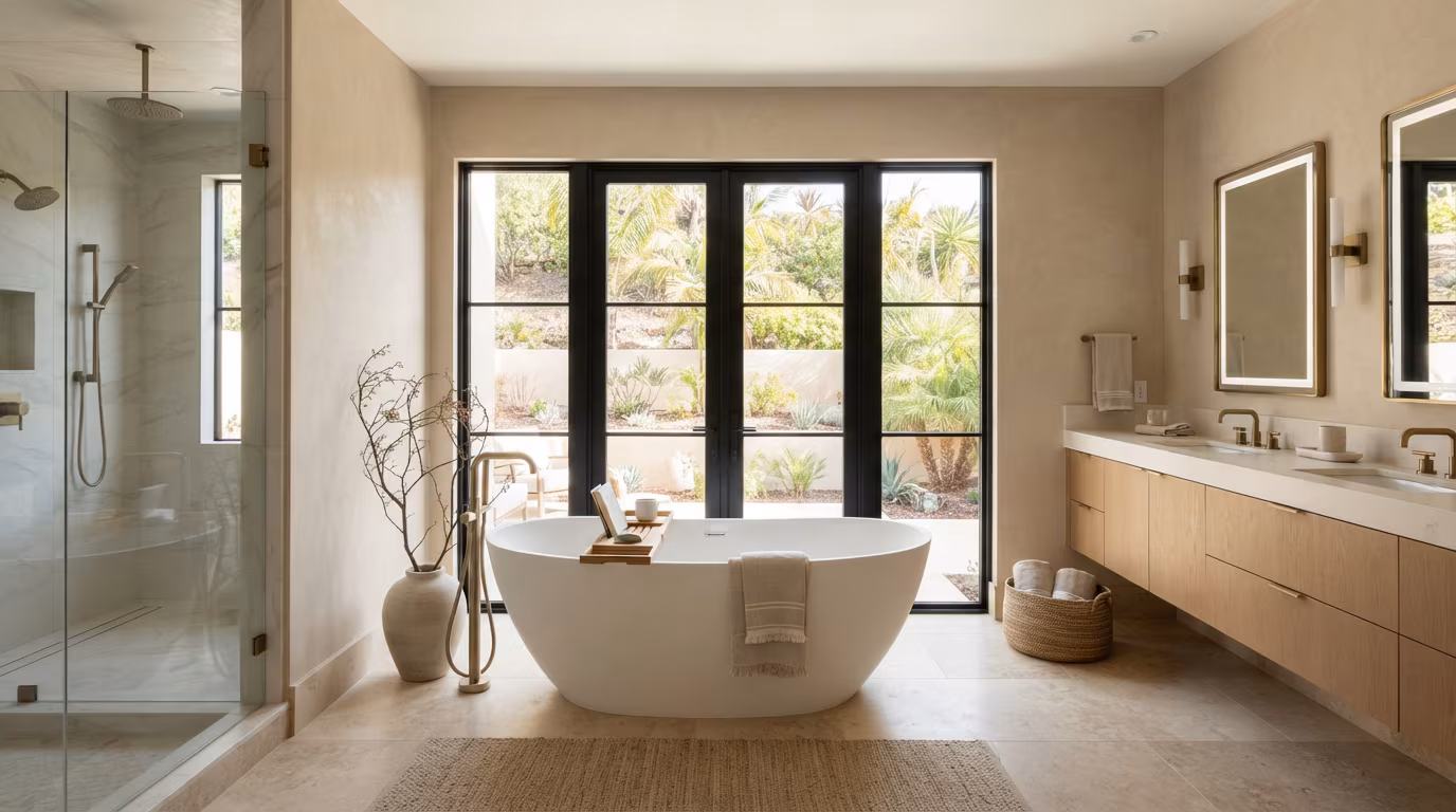 Luxury bathroom with soaking tub and vanity