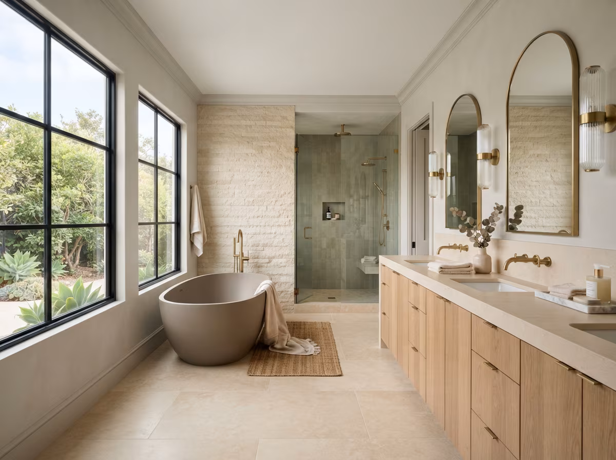 Spa-style primary bathroom with white bathtub and washbasins