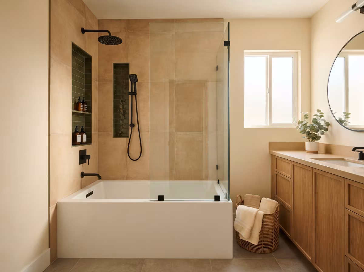 Modern bathroom with bathtub and glass shower combination