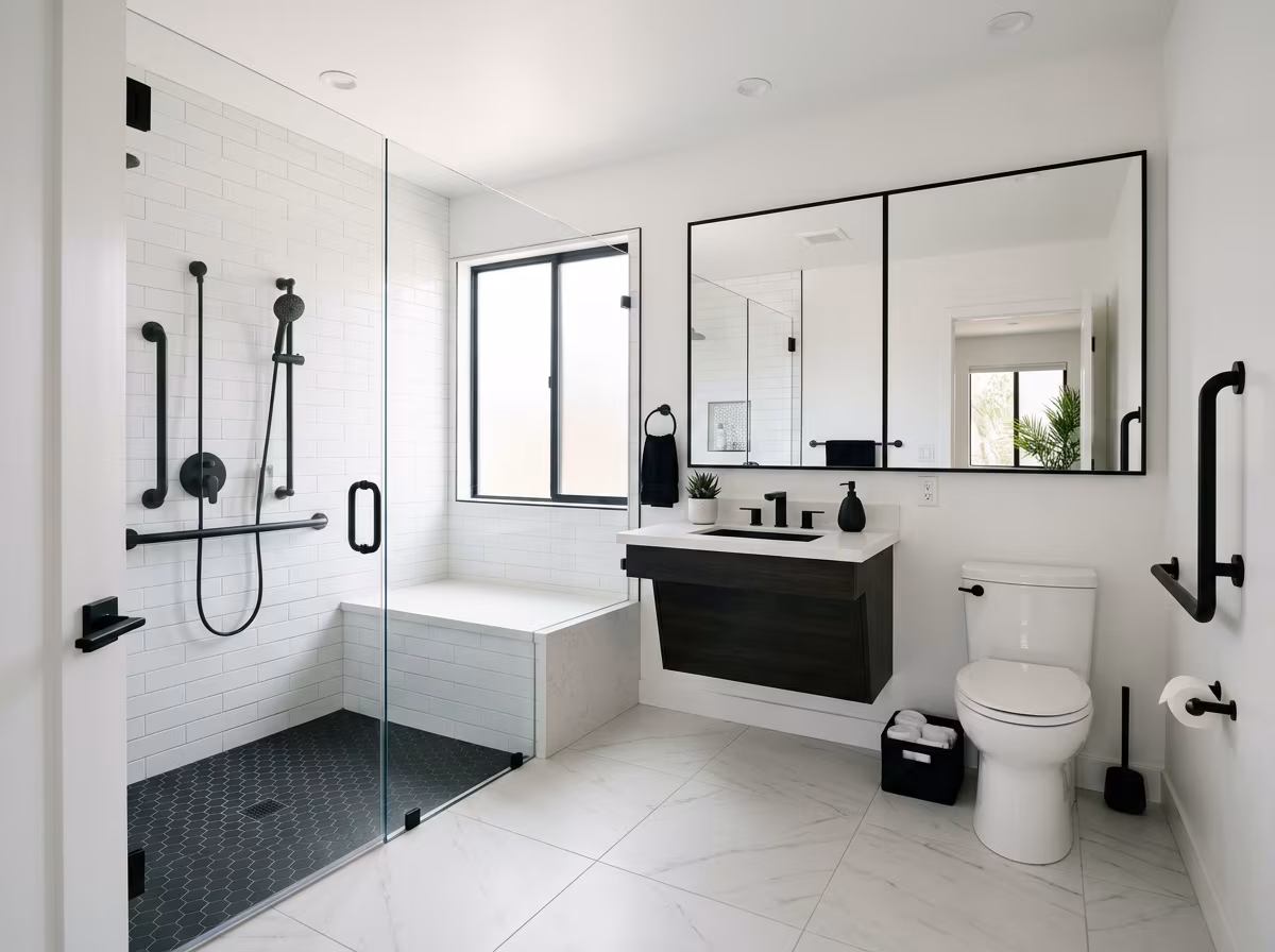 Finished spa bathroom with a contemporary walk-in marble shower