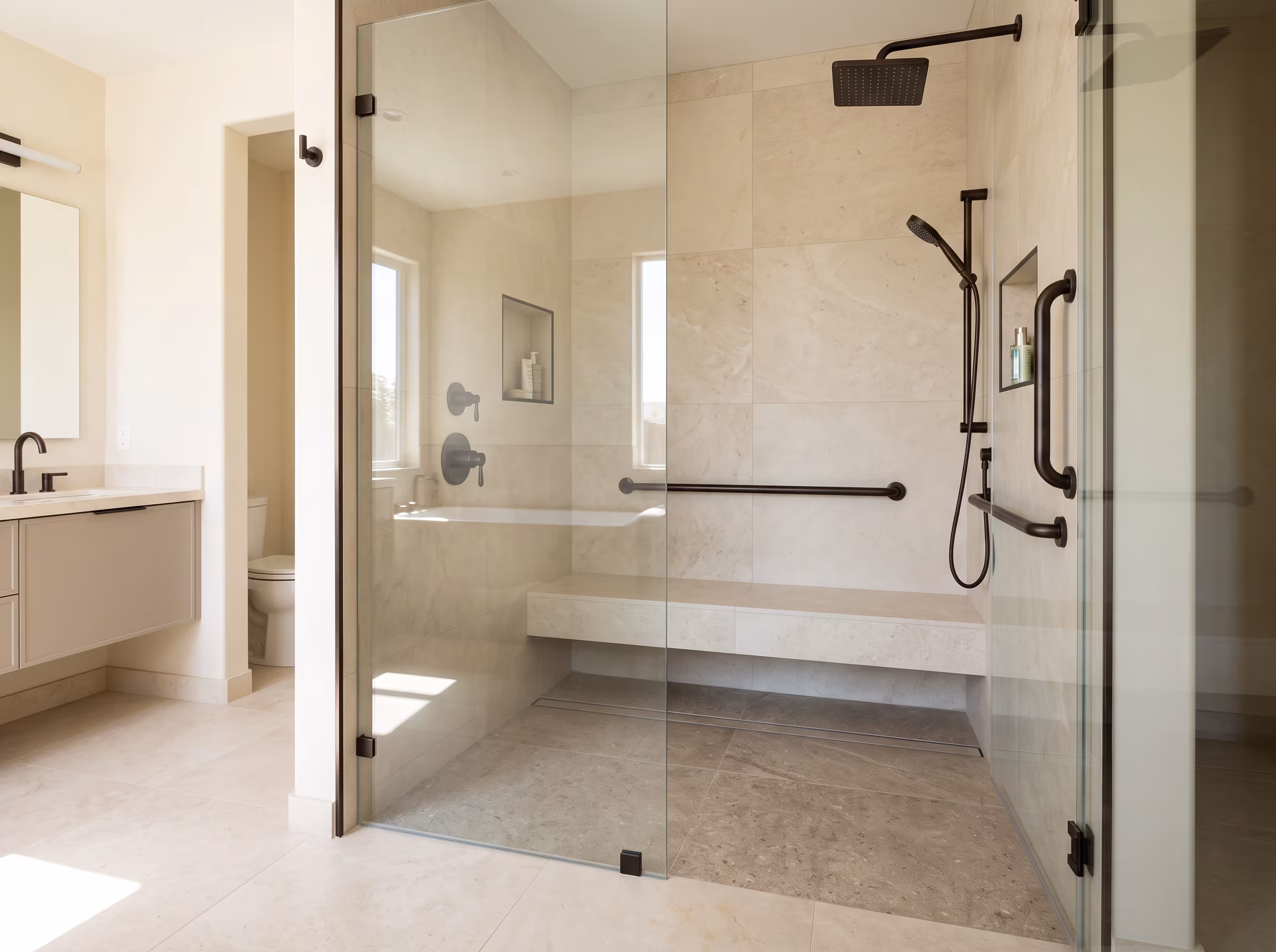 Tiled shower wall with grab bar and handheld showerhead