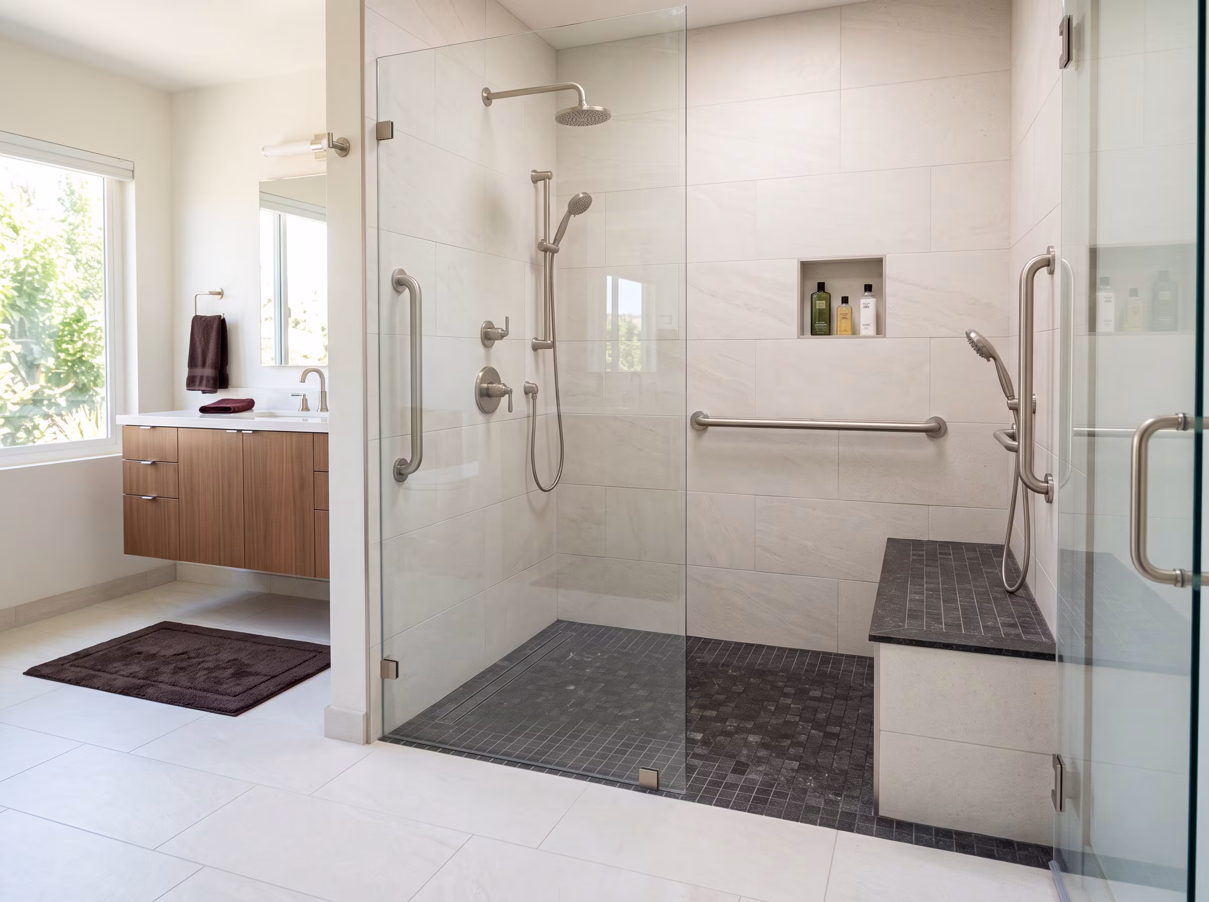 Walk-in shower with tiled bench seating and a low-profile entry