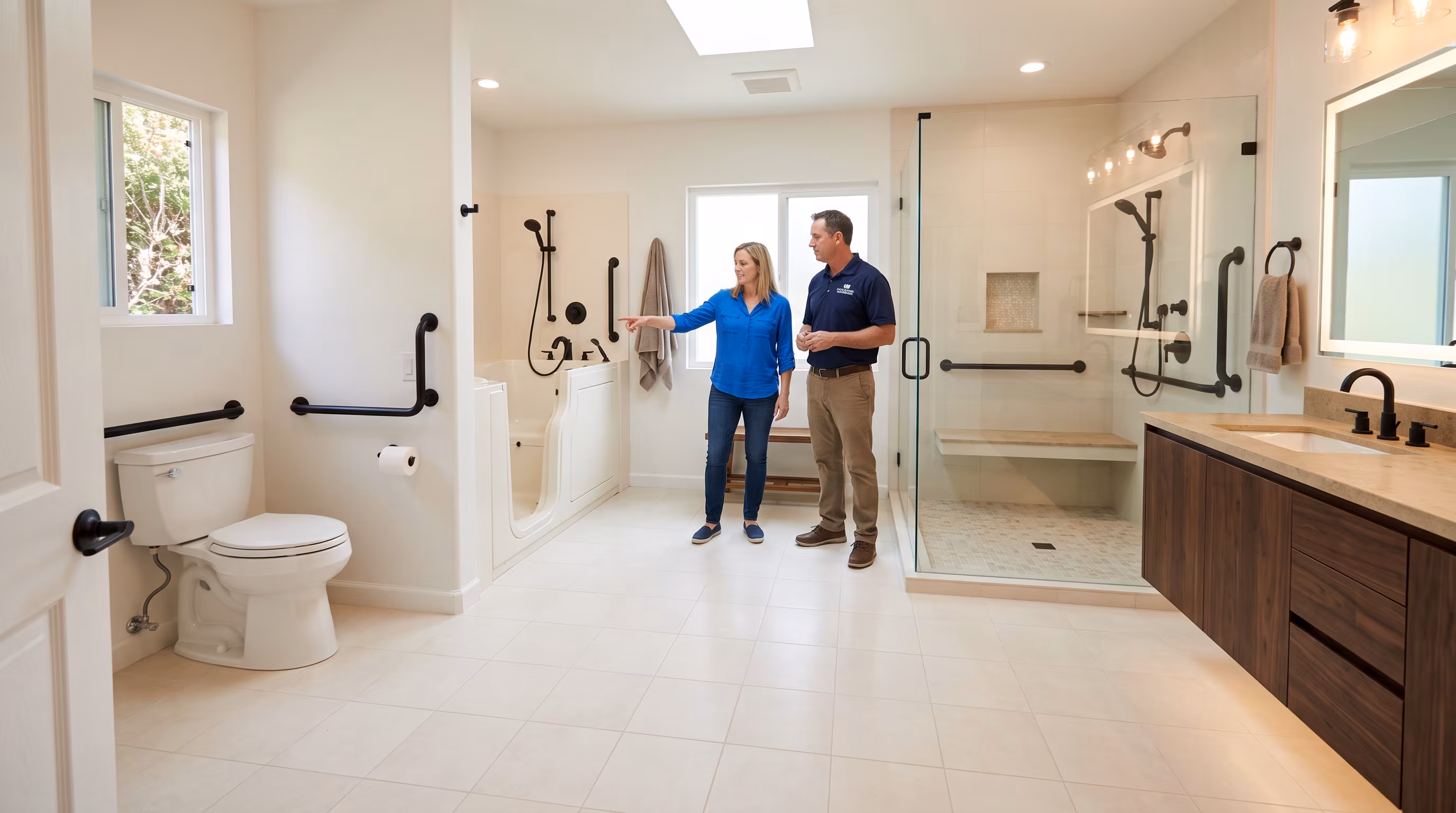 Spacious bathroom with extra floor area beside the shower for assistance