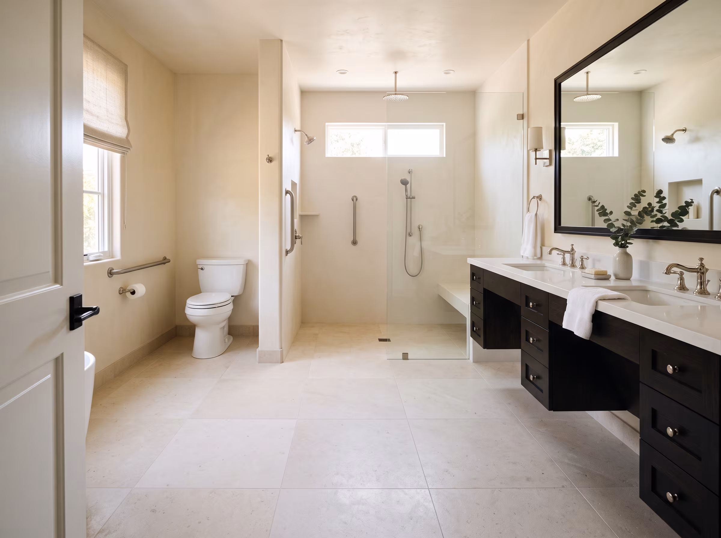 Open bathroom floor with clear maneuvering space between fixtures
