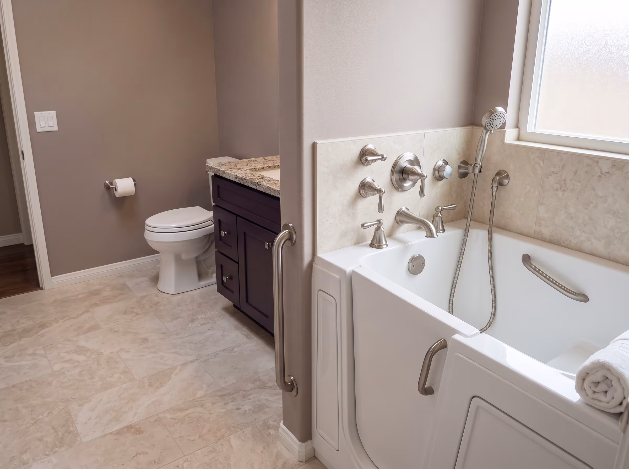 Shower valve and handheld control placed within an easy reach range