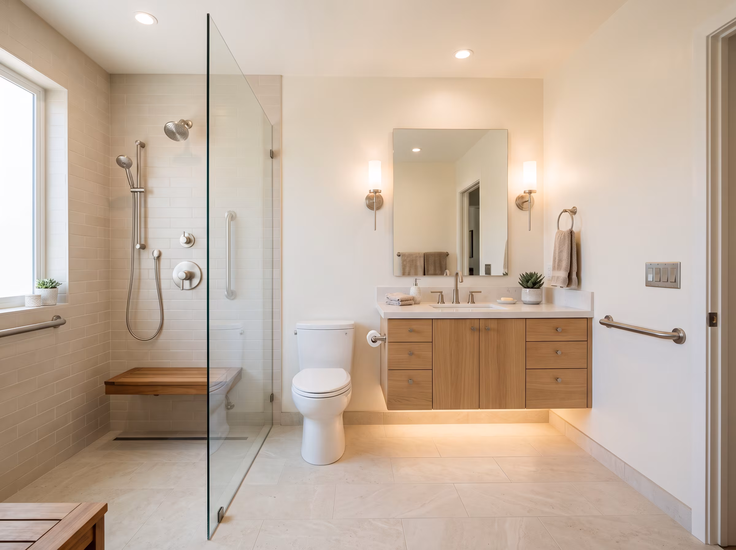Bathroom lighting at vanity height with even illumination across the room