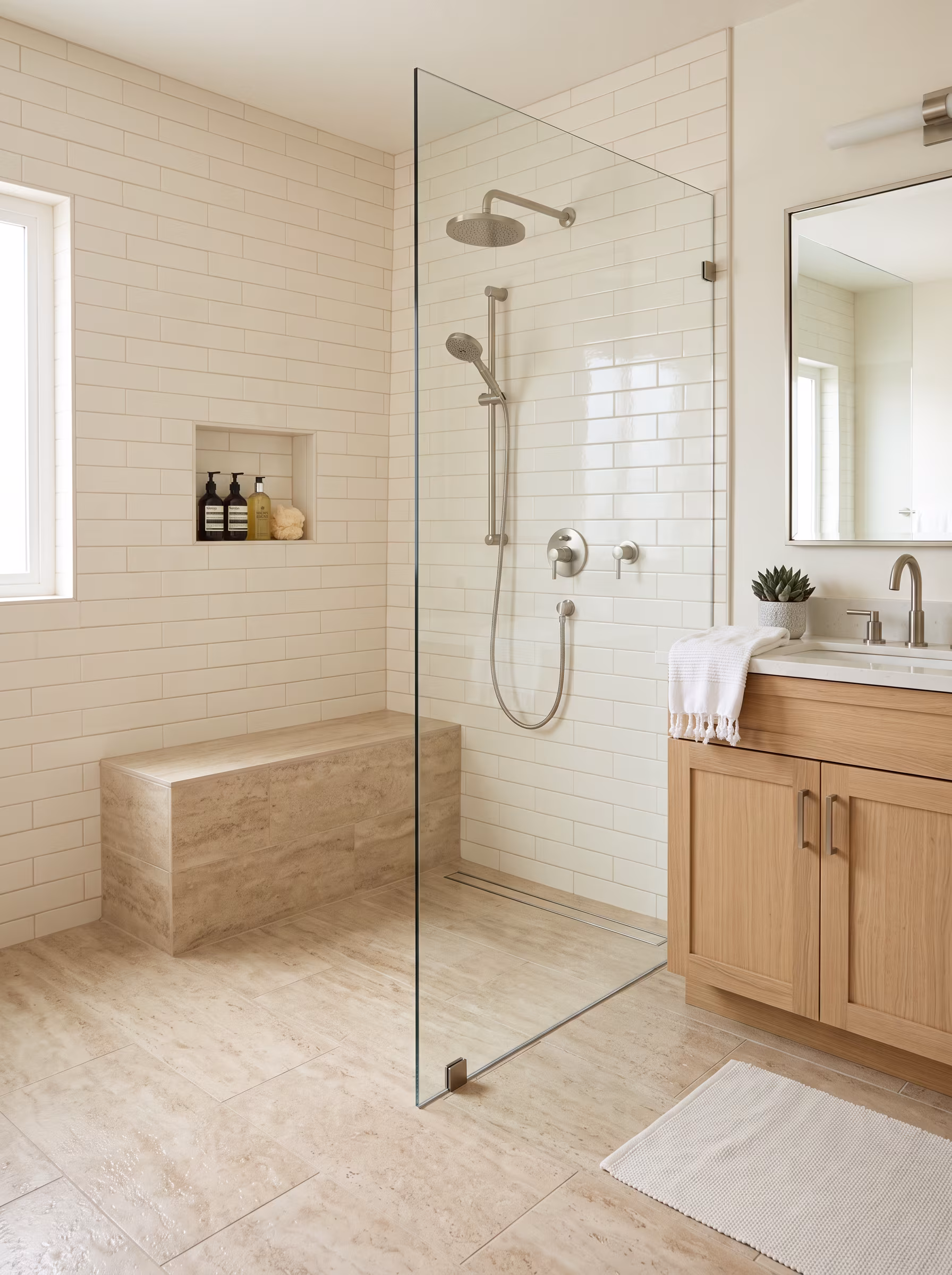 Walk-in shower with a low-profile pan and easy-entry opening
