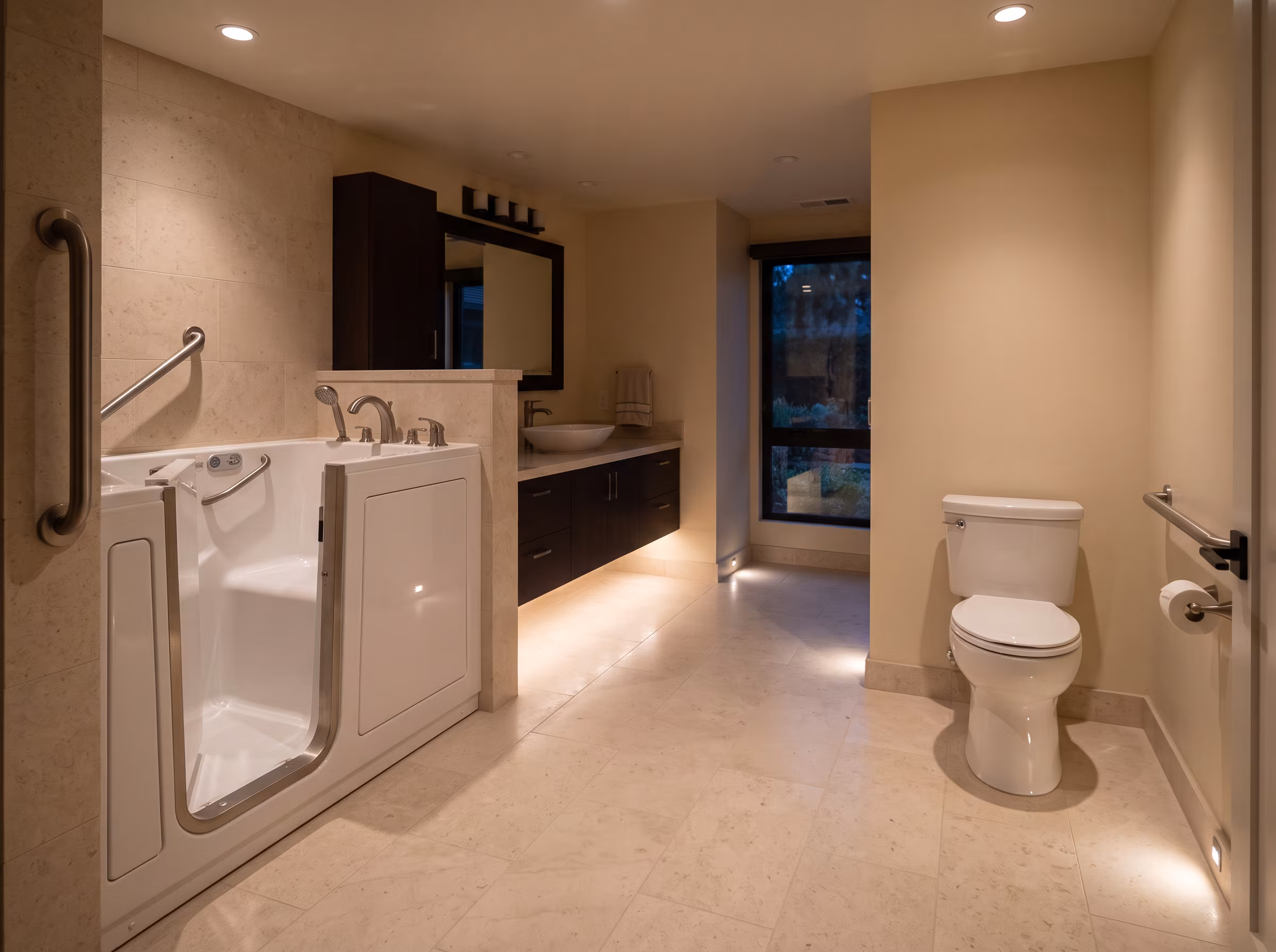 Bathroom with warm low-level evening lighting for nighttime orientation