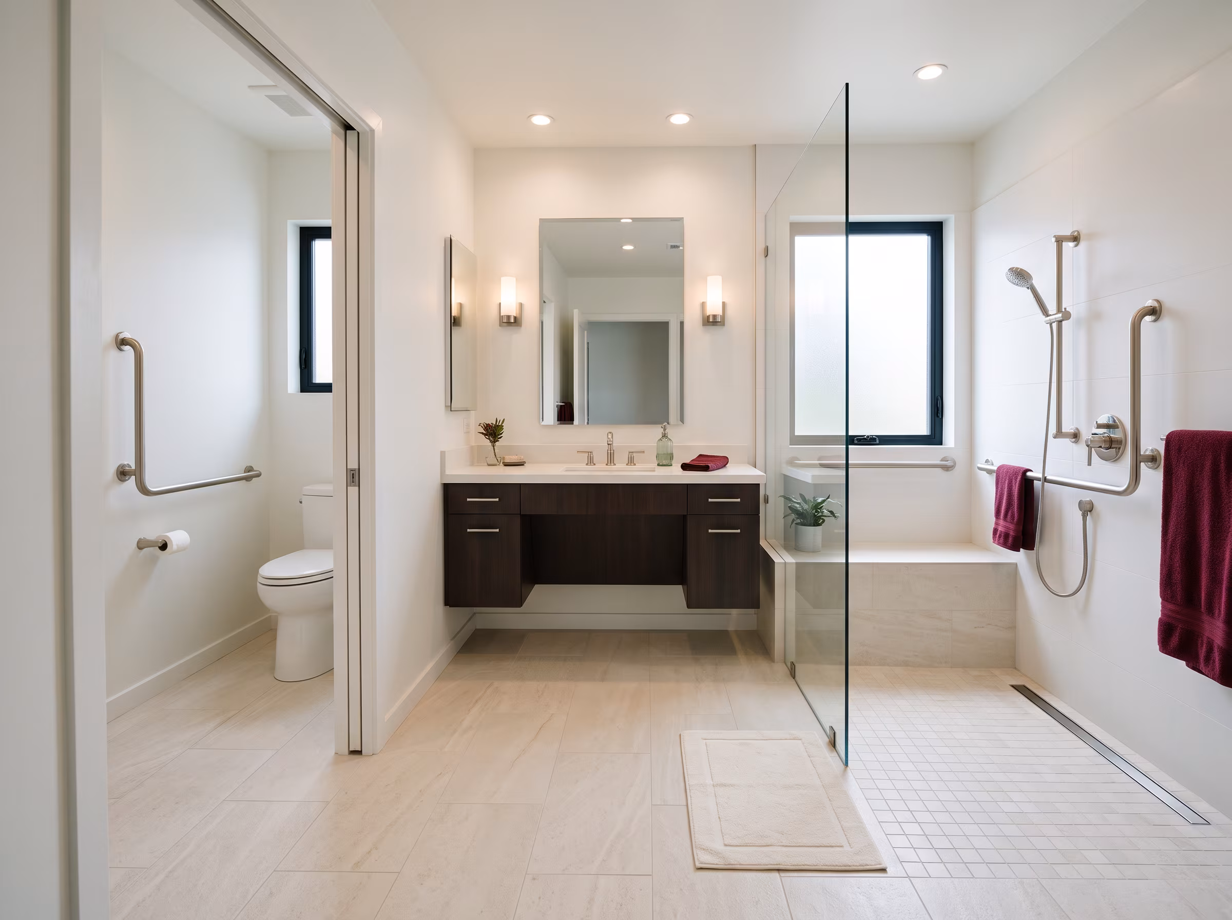 Spacious bathroom with open circulation between vanity, toilet area and glass shower