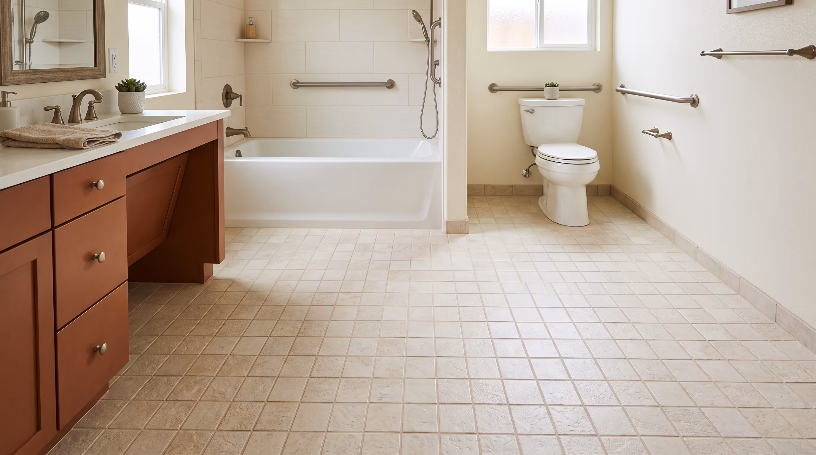 Textured bathroom floor tile with grout lines for wet-area grip