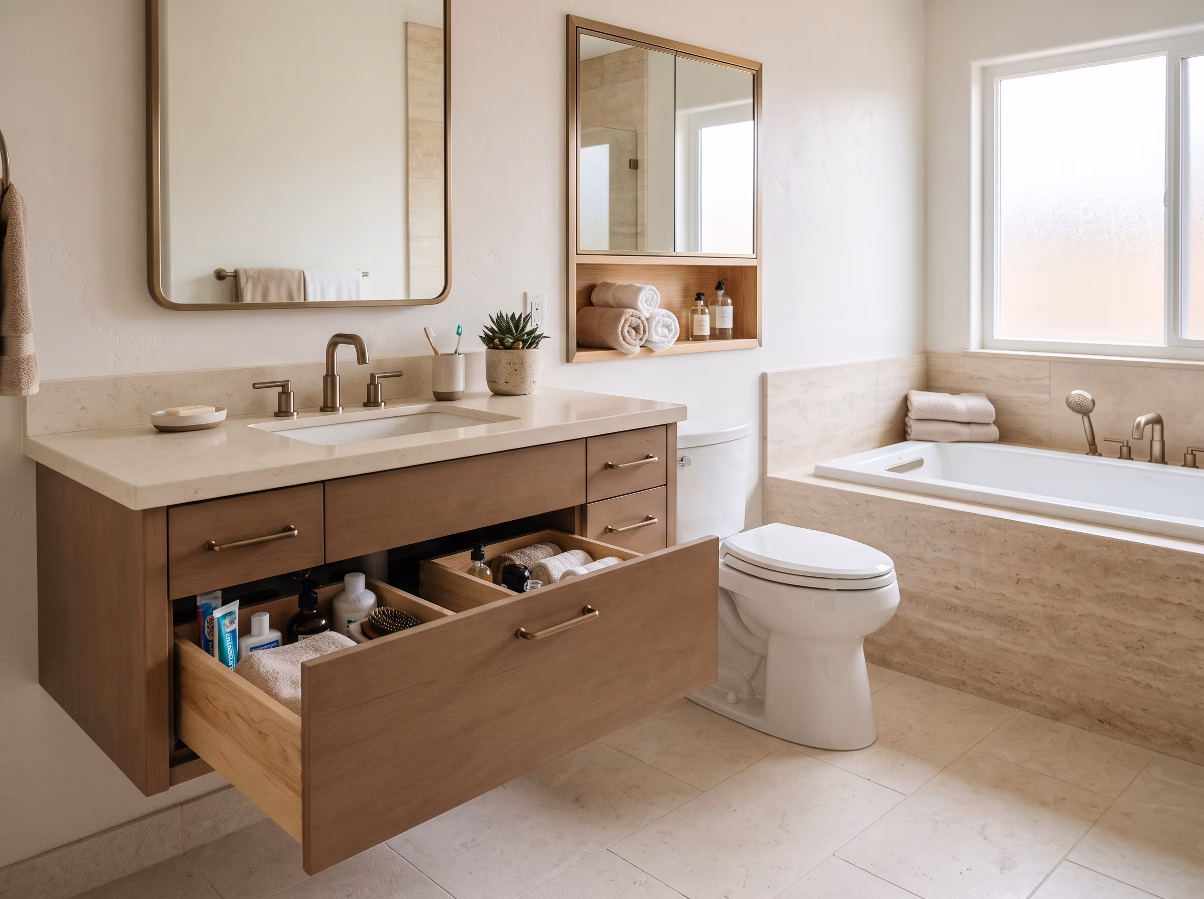 Vanity with drawers and storage within an accessible reach range