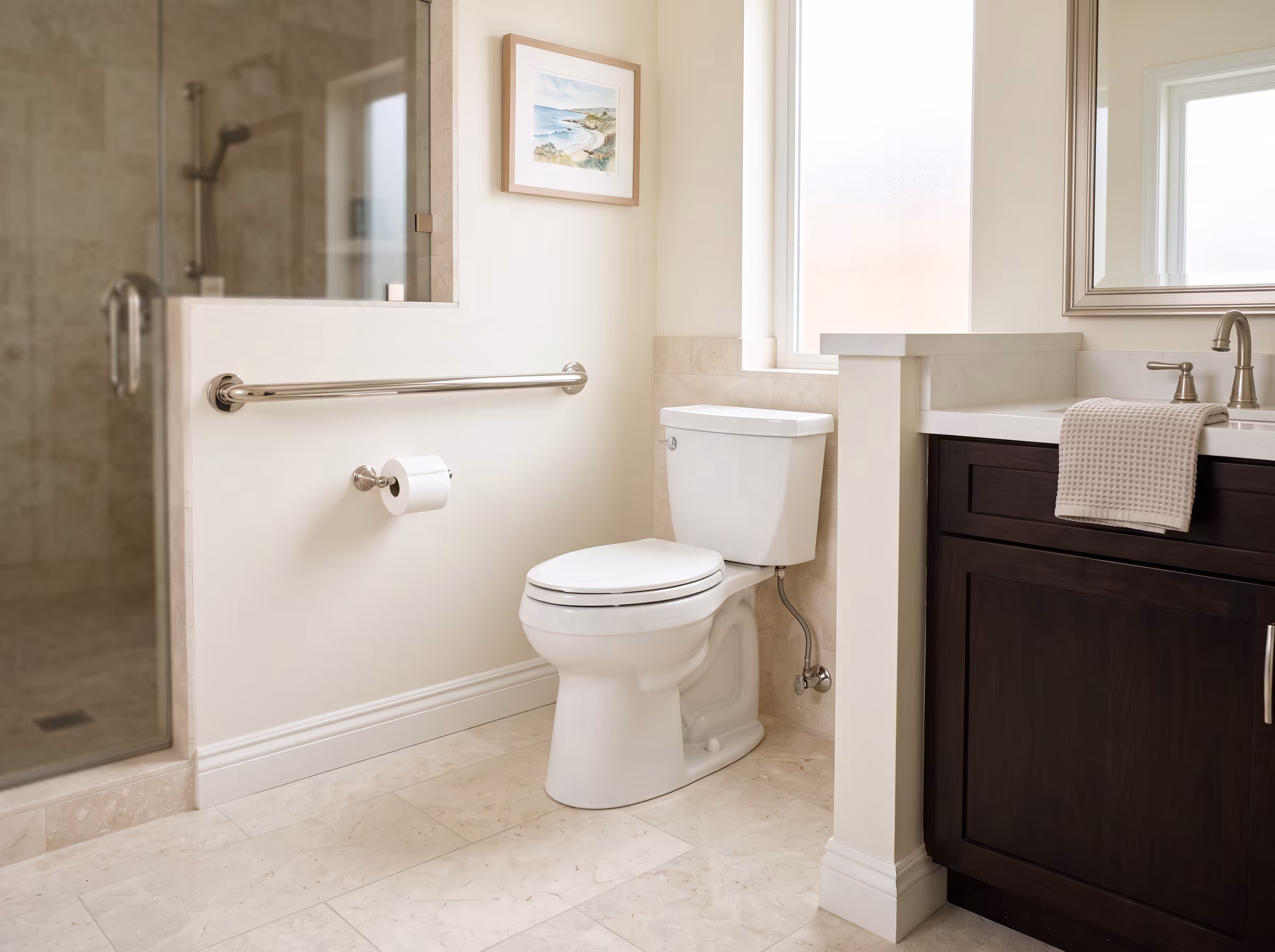 Comfort-height toilet with side clearance in a residential bathroom