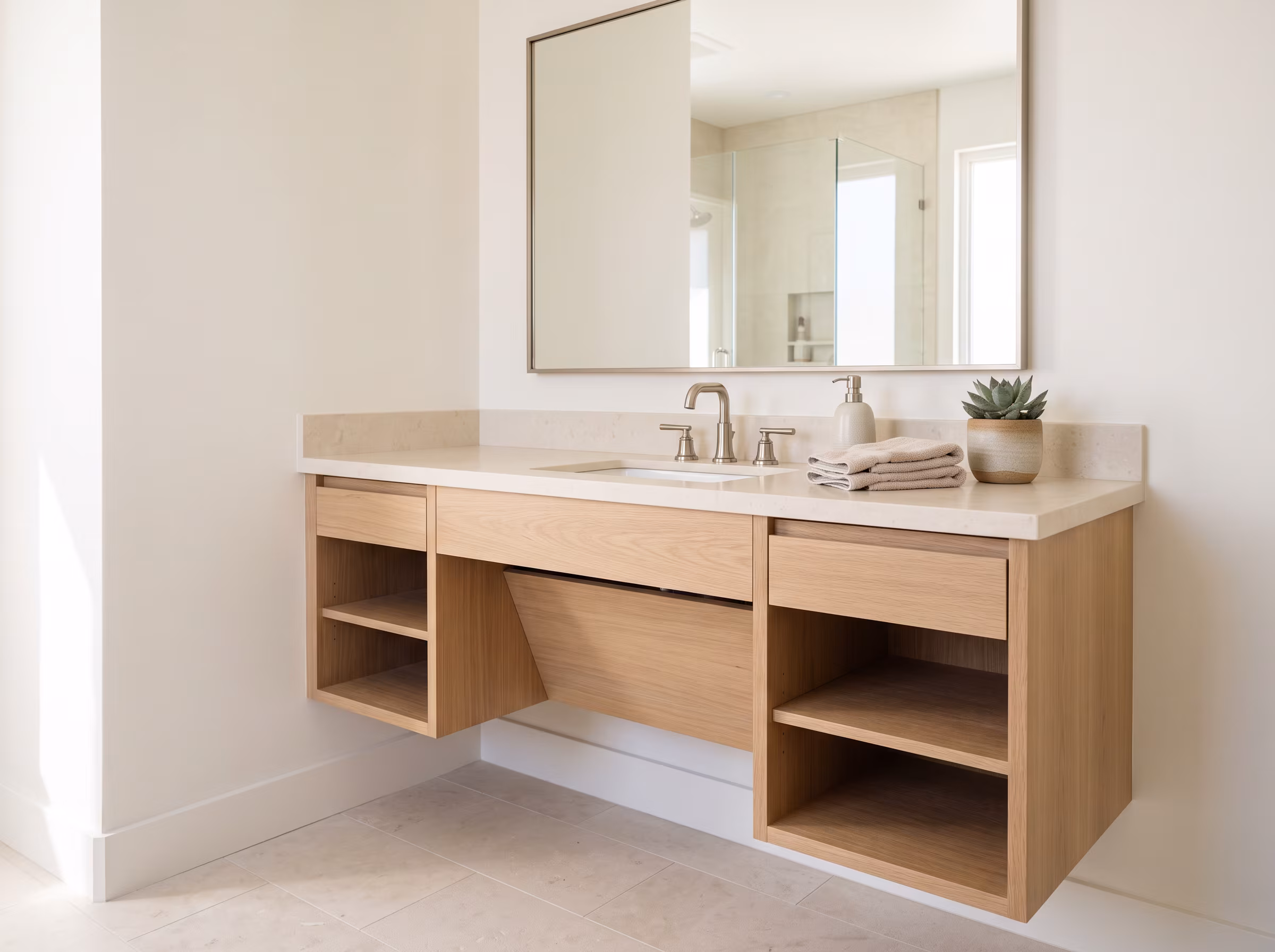 Floating vanity with open knee clearance and a round mirror