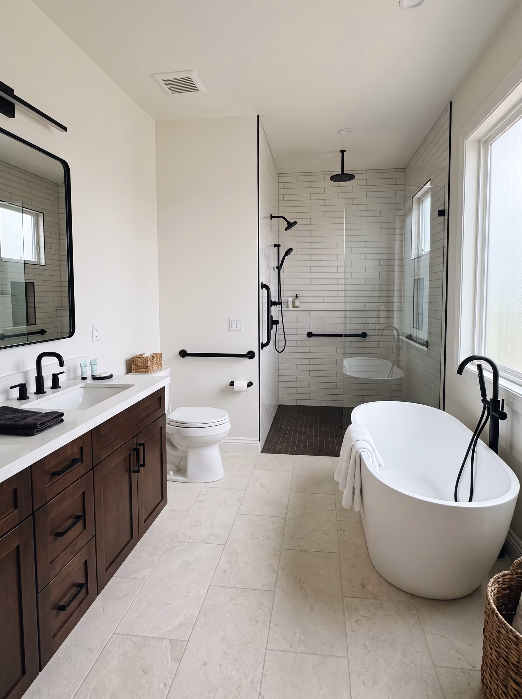 Marble shower and surrounding floor with clear visual contrast between surfaces