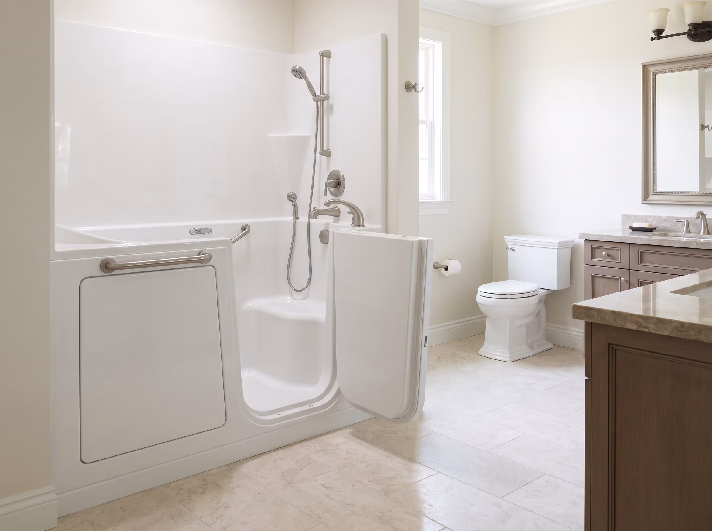 Bathroom with a door-entry soaking tub and seating for mobility-friendly bathing