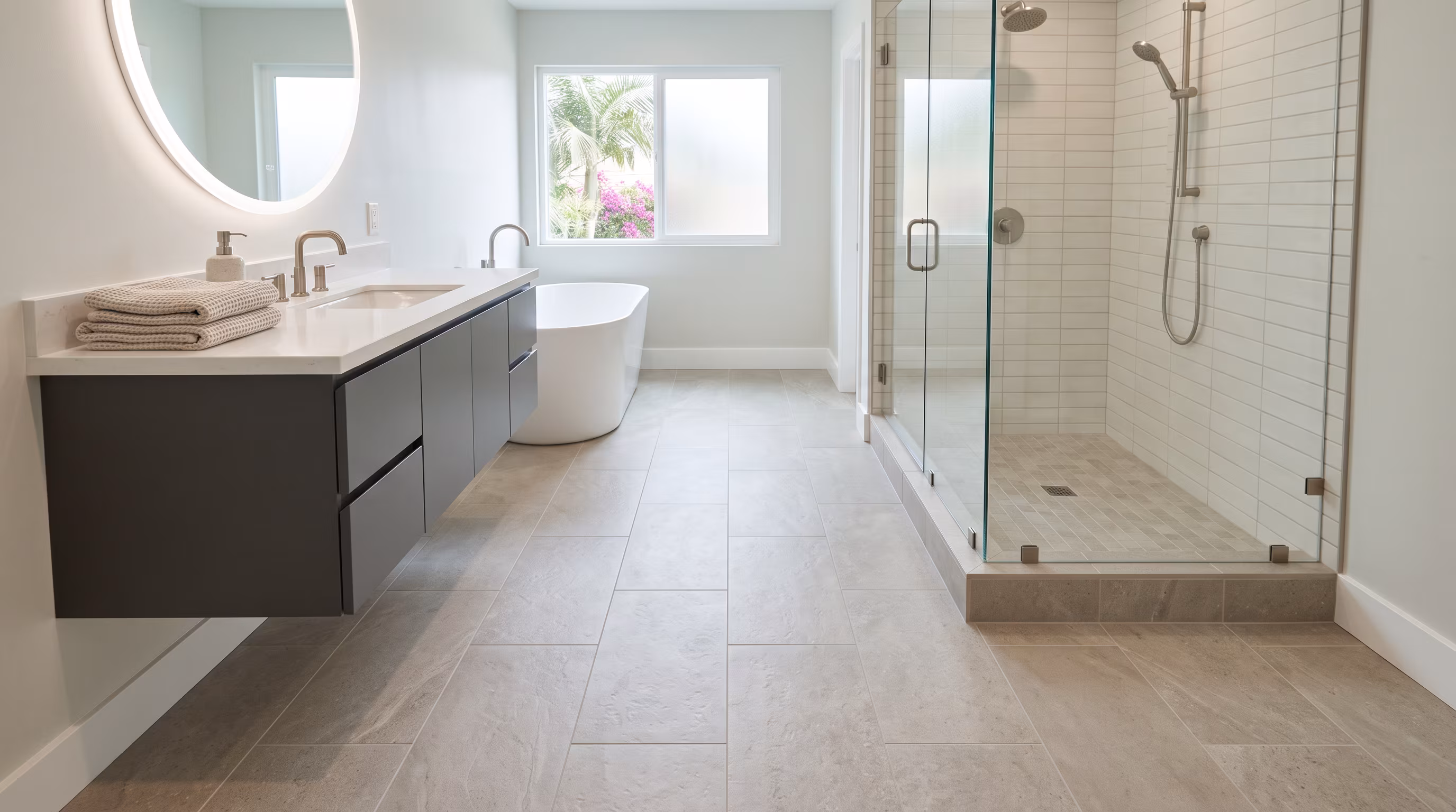 Finished grouted bathroom floor after sealing and threshold work