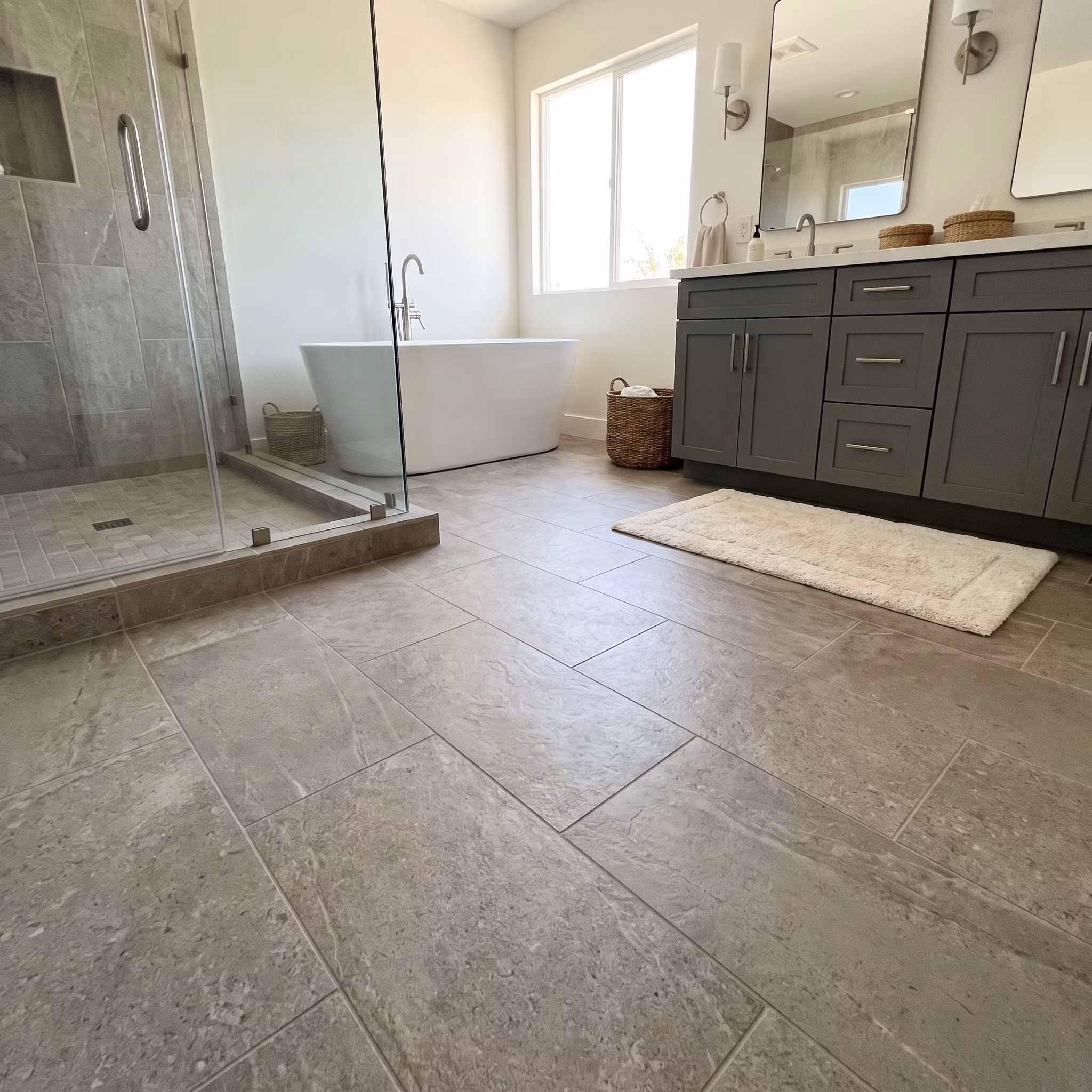 Bathroom with large-format charcoal porcelain floor tile