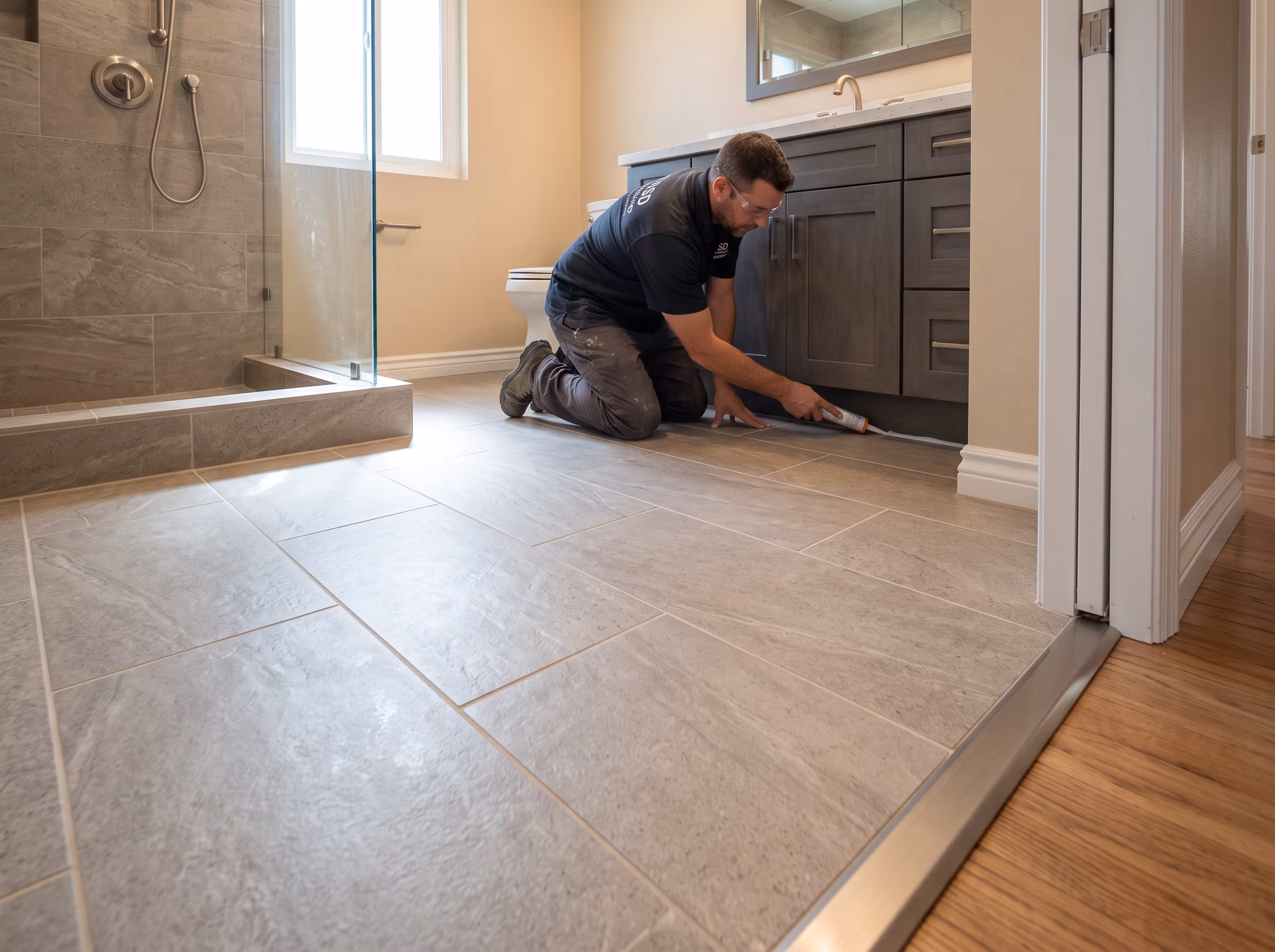 Large-format bathroom tile set in a clean layout