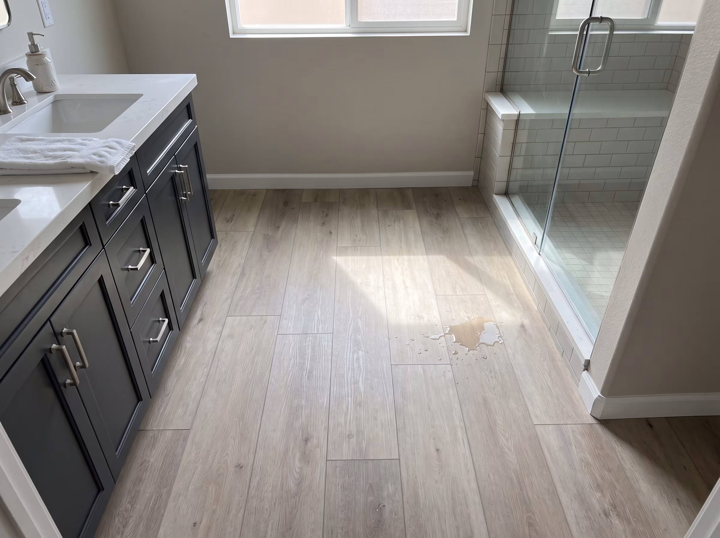 Bathroom with waterproof wood-look luxury vinyl flooring