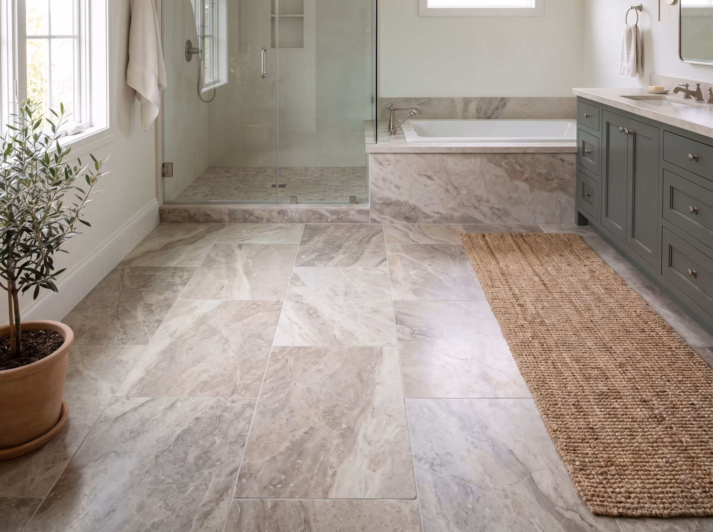 Natural stone marble surfaces in a walk-in shower