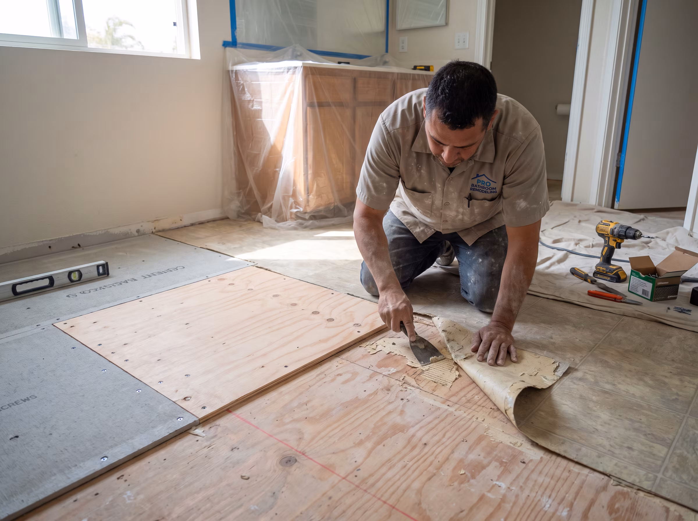 Subfloor being prepared before a new bathroom floor is installed