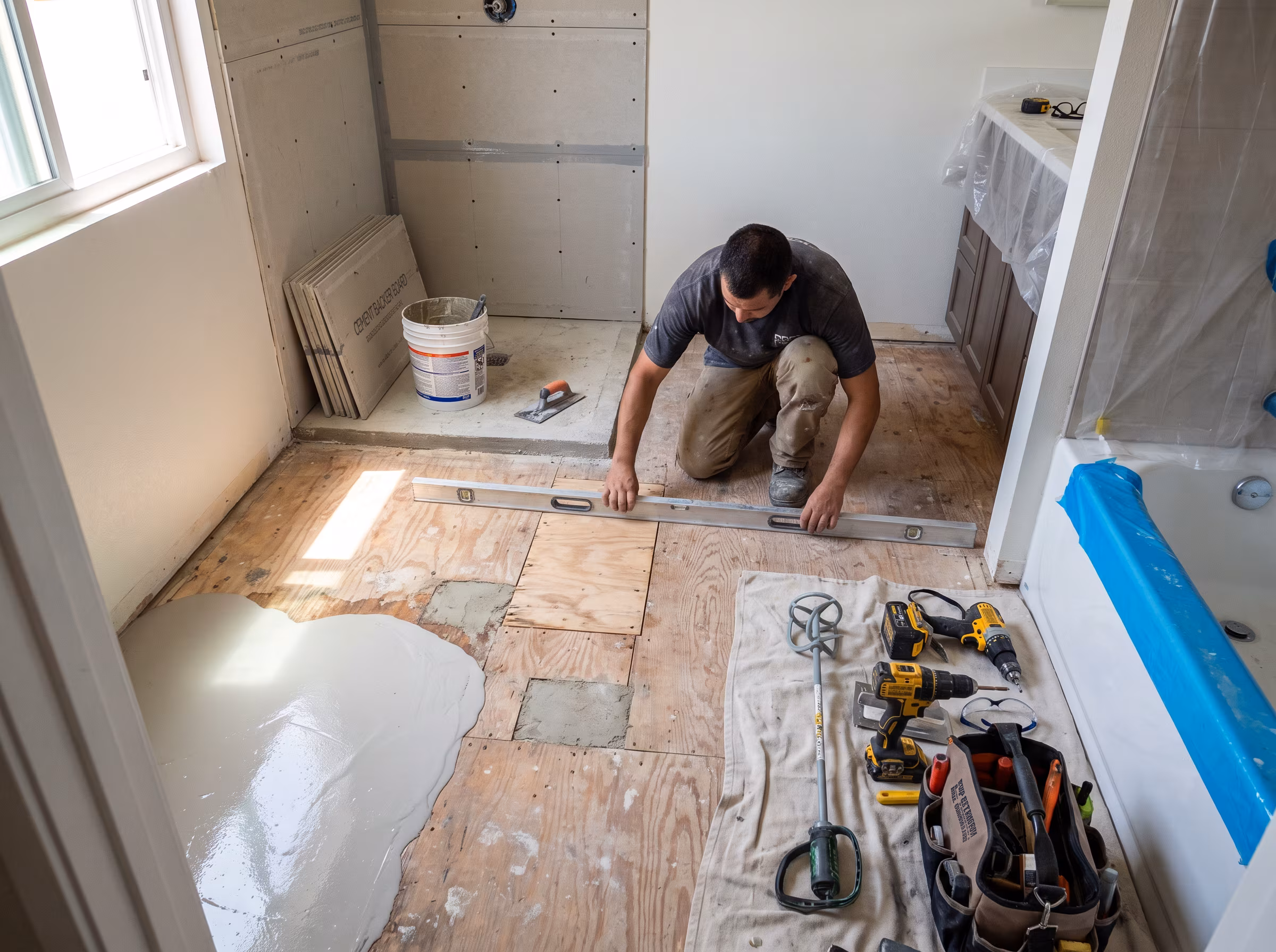 Existing bathroom floor being prepared for removal
