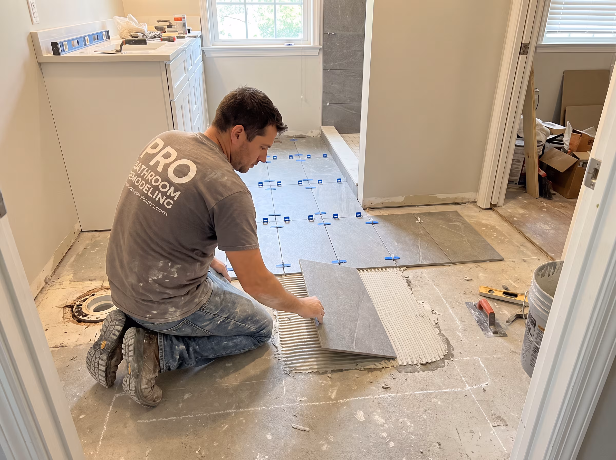 Waterproofed tiled surfaces at floor-to-wall transitions