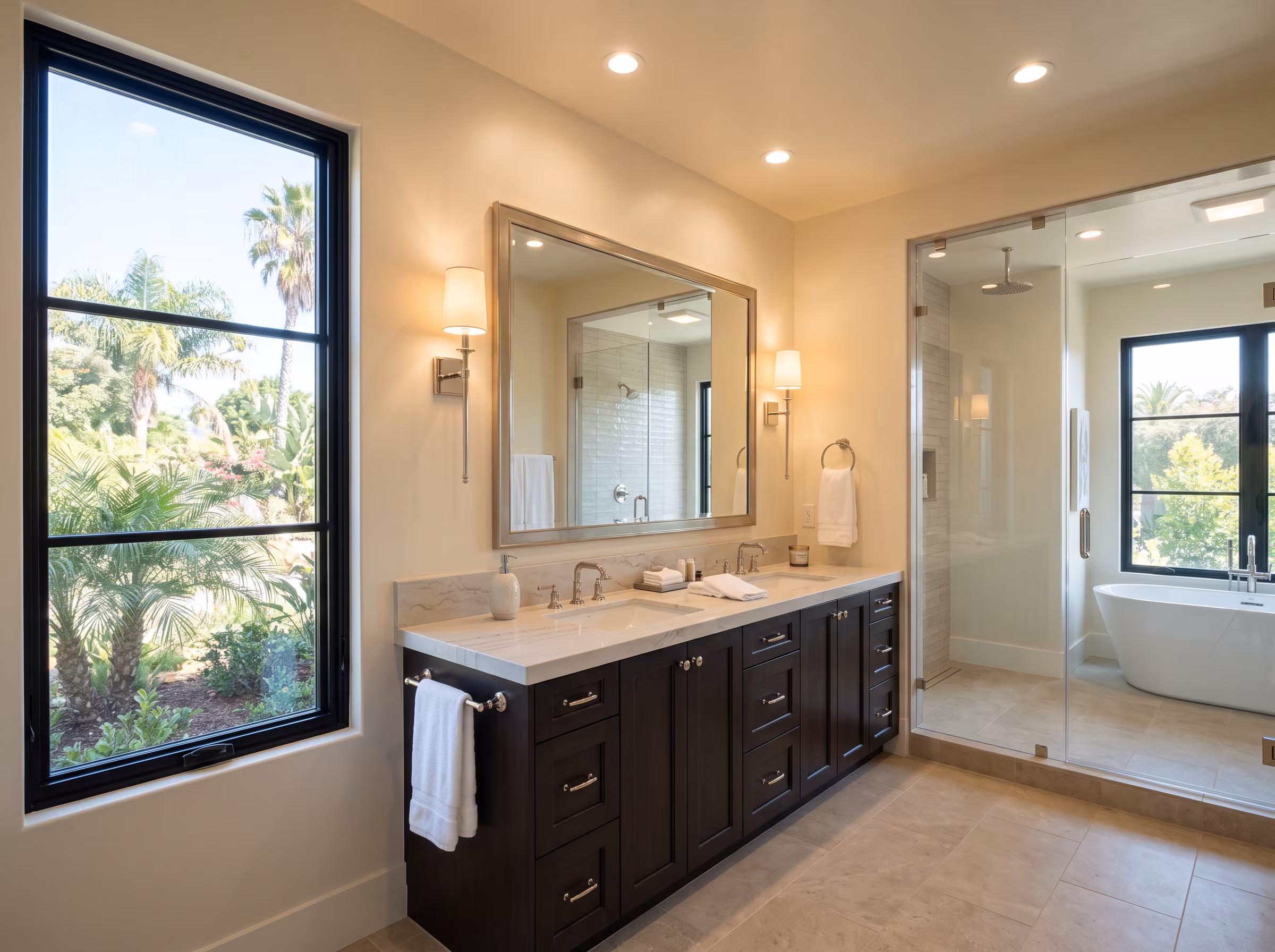Bathroom with bright day-mode layered lighting including vanity side lights and overhead ambient