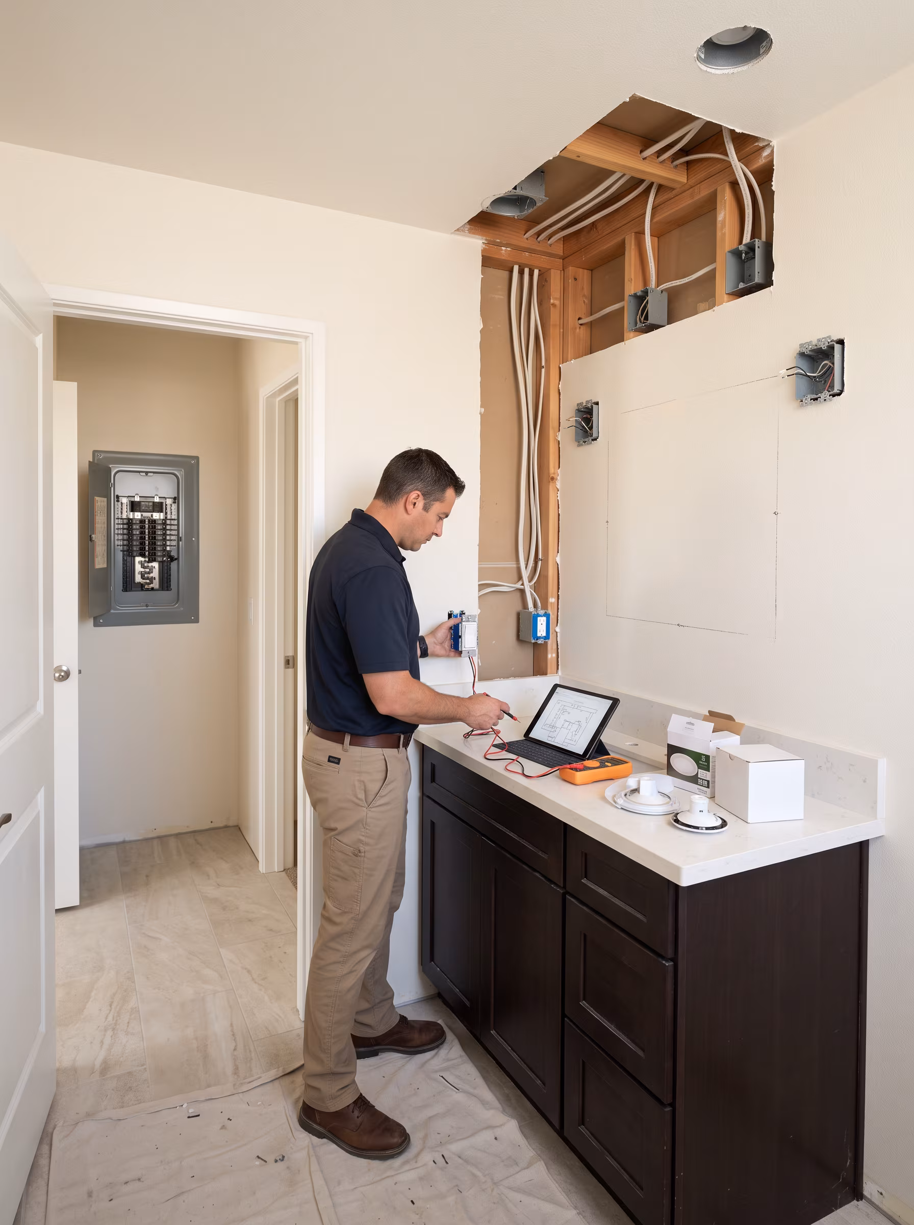 Vanity mirror with side-mounted sconces at face height for even, shadow-controlled lighting