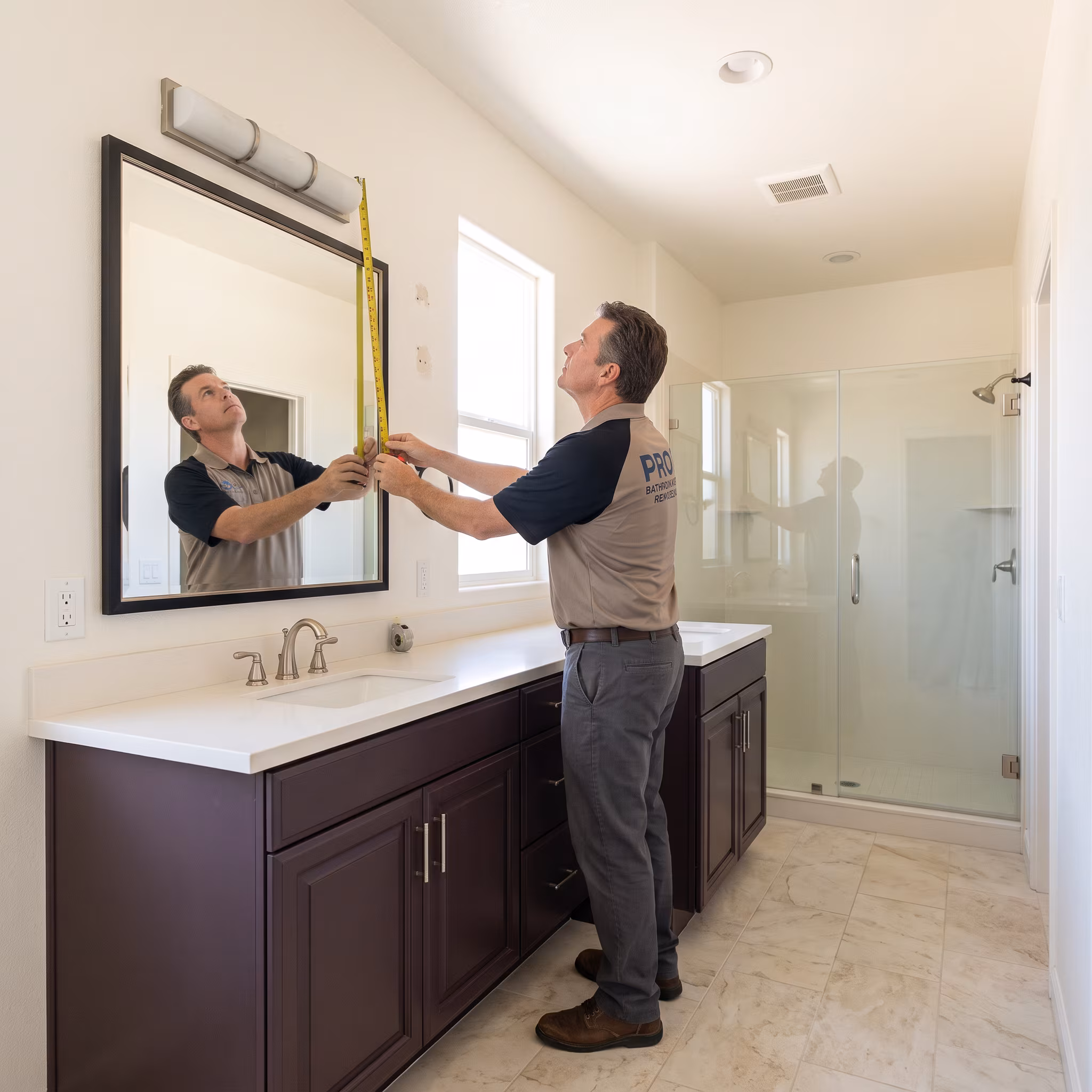 Bright bathroom with ceiling and ambient fill lighting across the room