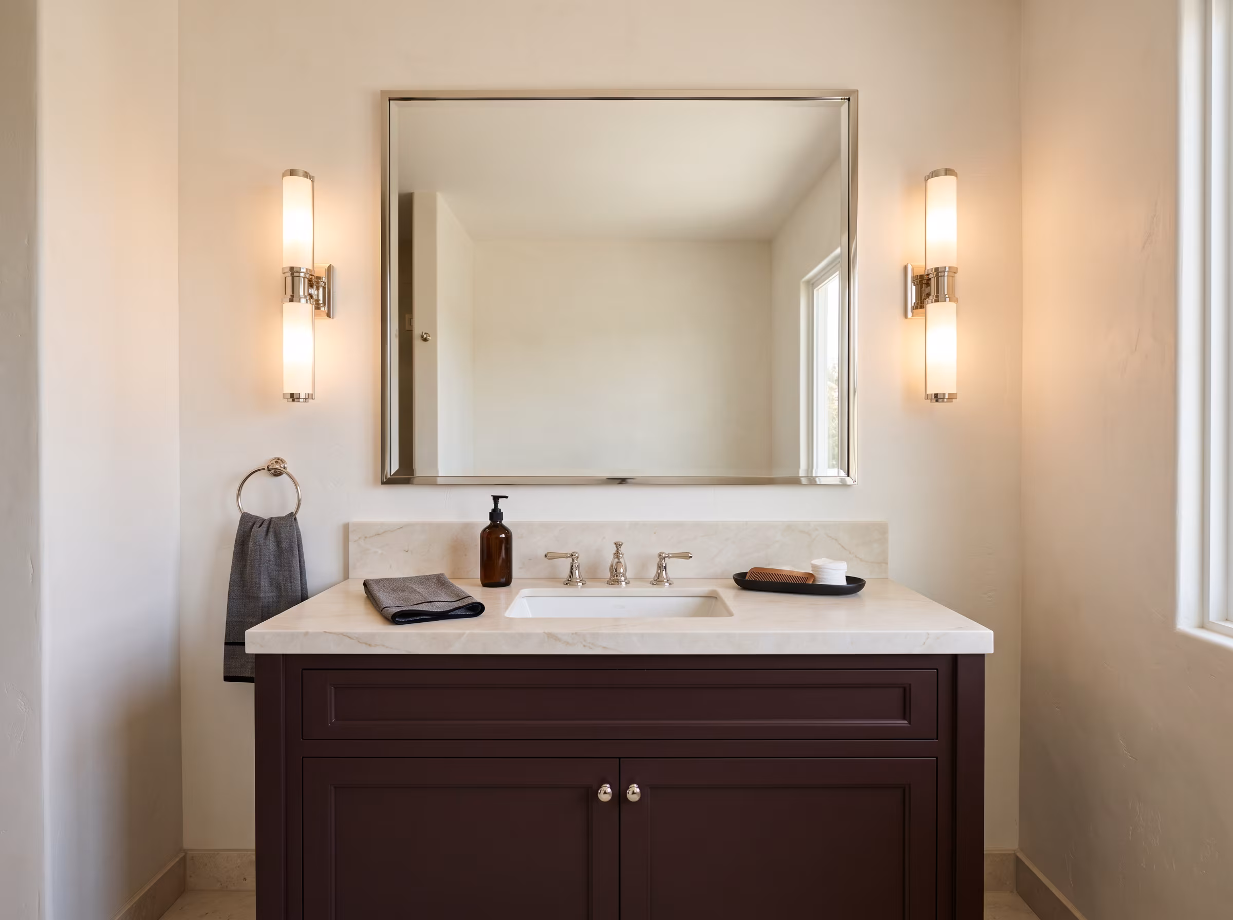 Bathroom with warm evening mood lighting, dimmed ambient and accent illumination