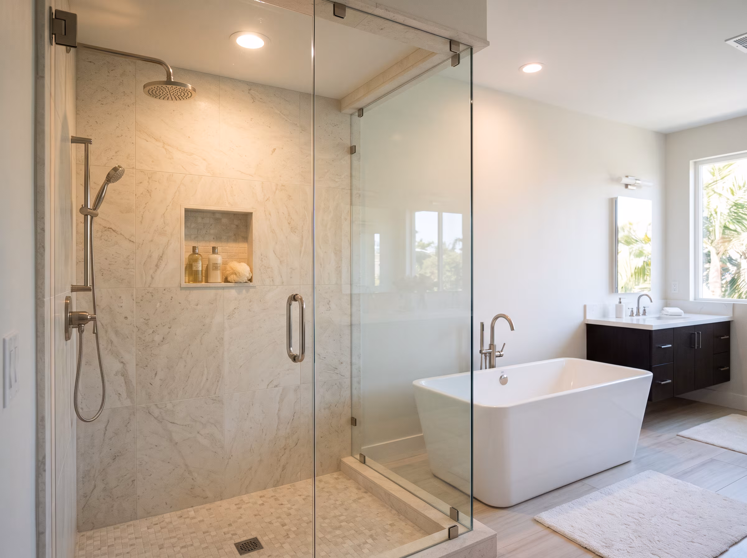 Bathroom with ceiling and recessed fixtures providing general ambient fill light