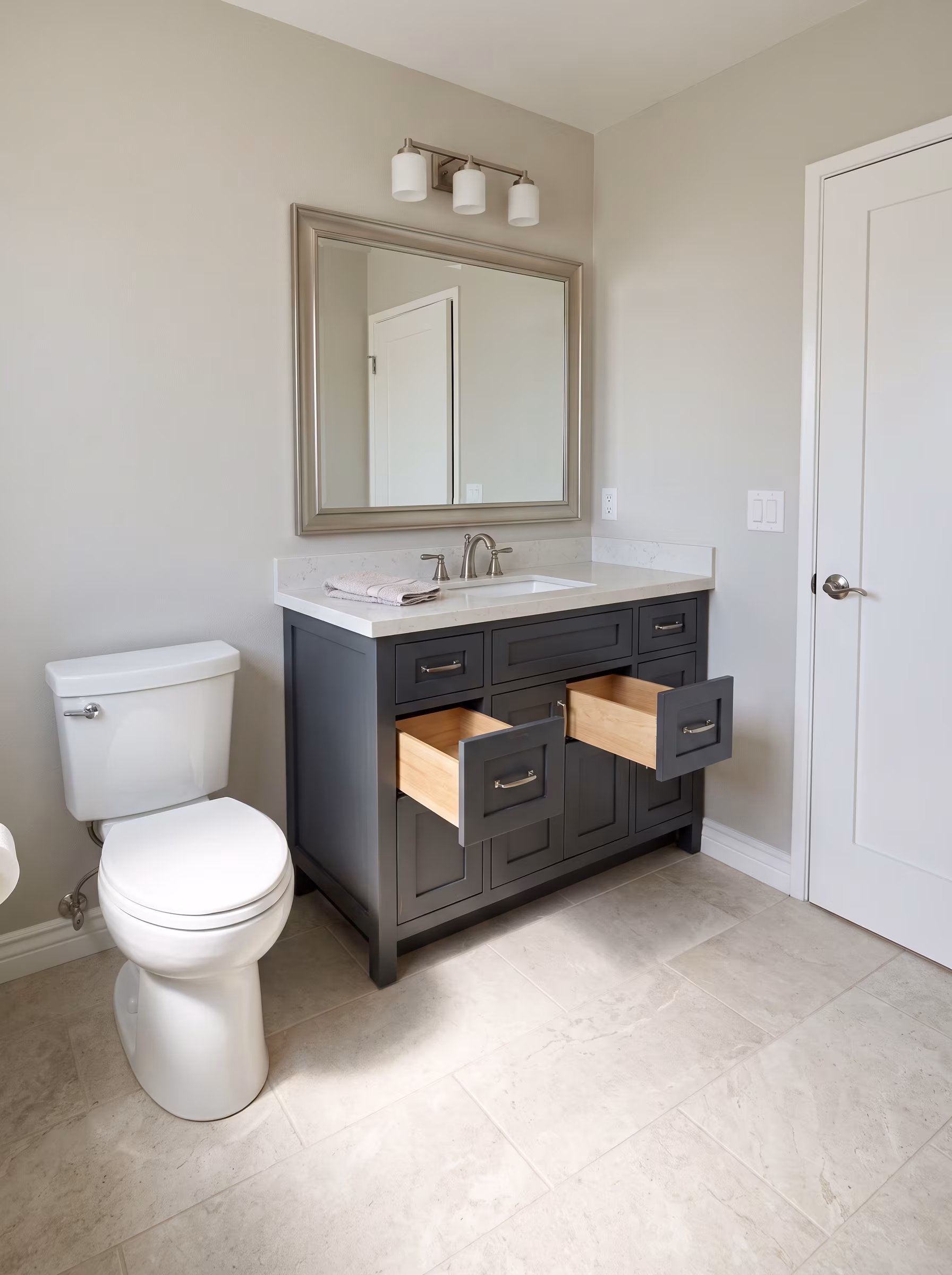Vanity with mirrored cabinet storage for daily-use items