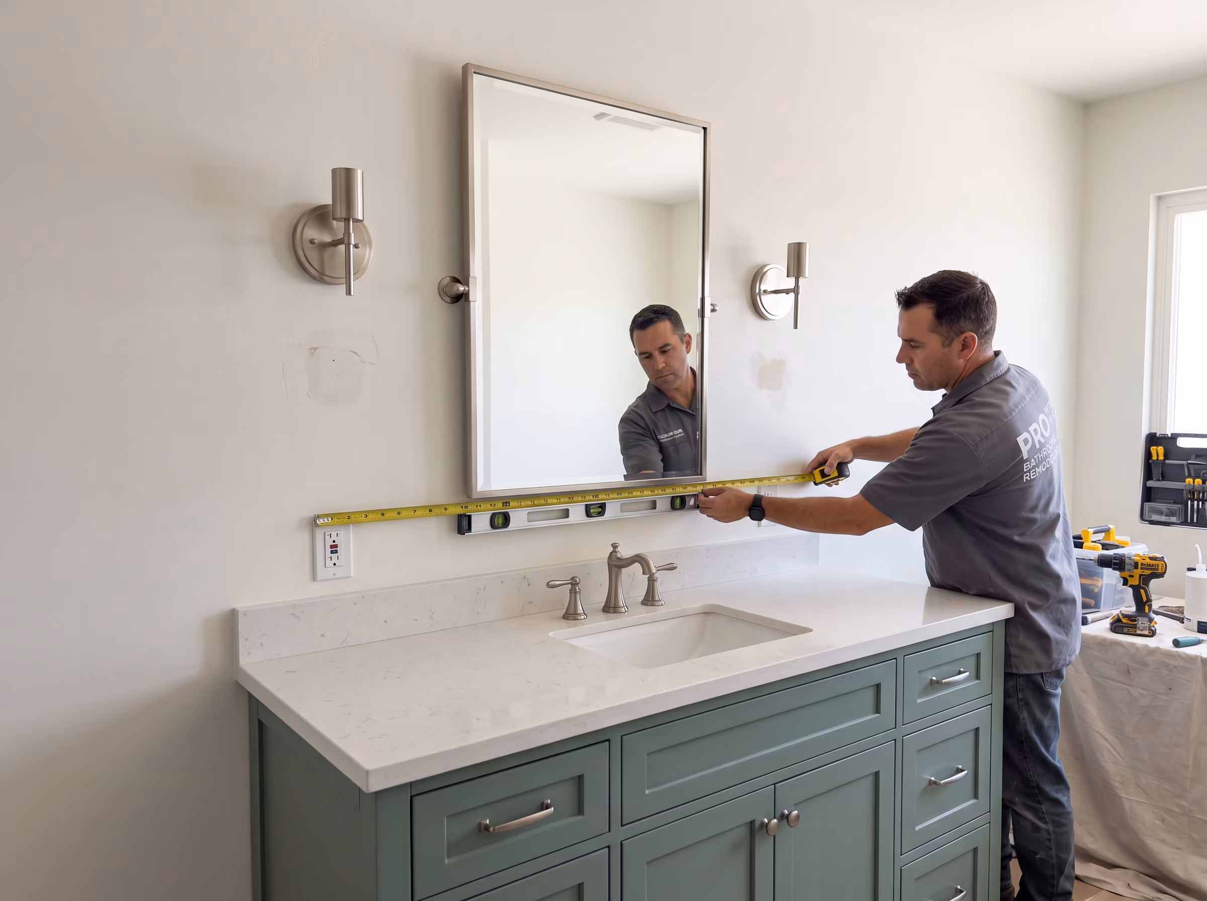 Oval mirror and wall sconces coordinated above a bathroom vanity