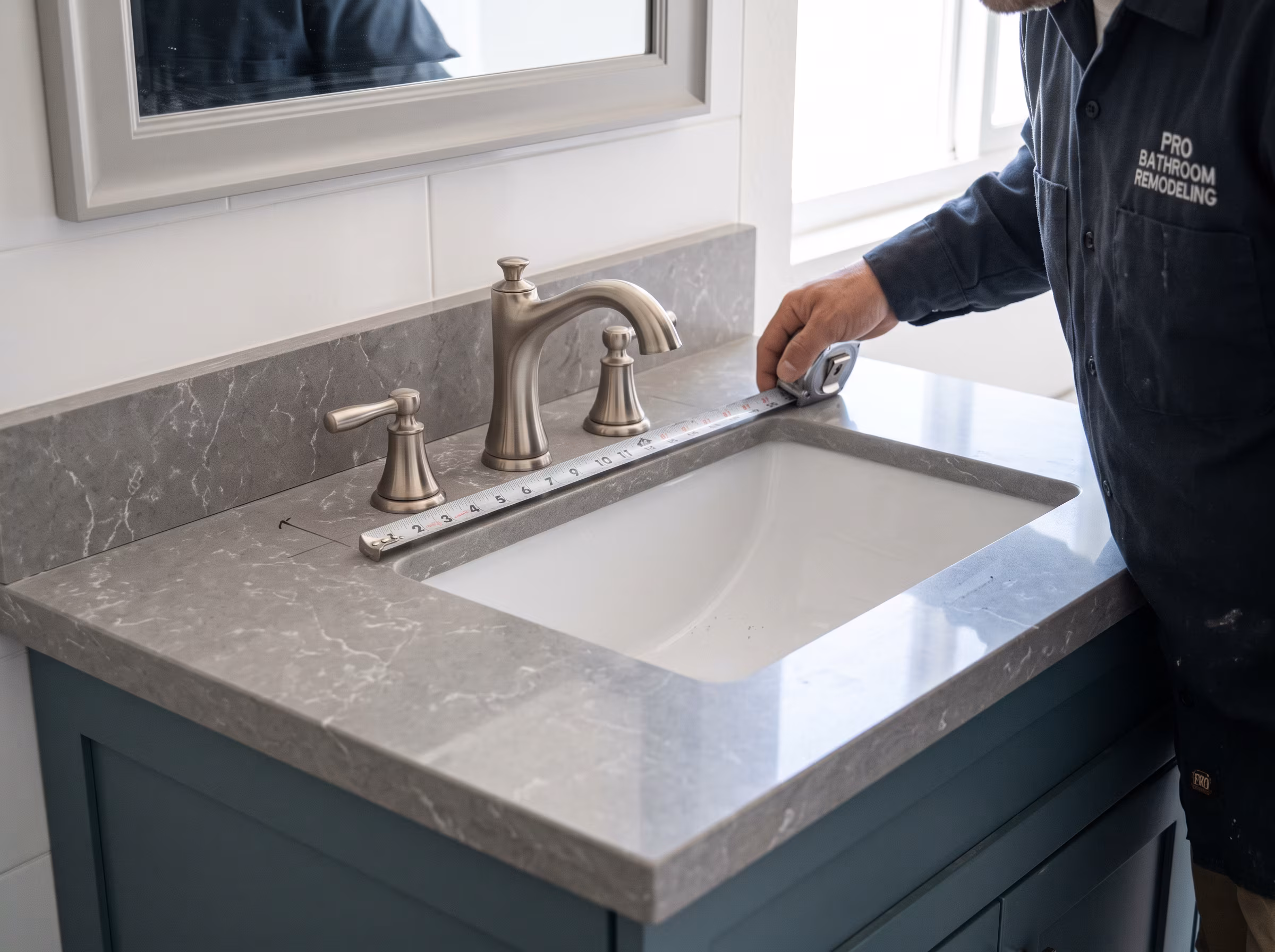 Widespread faucet matched to a vanity sink and countertop